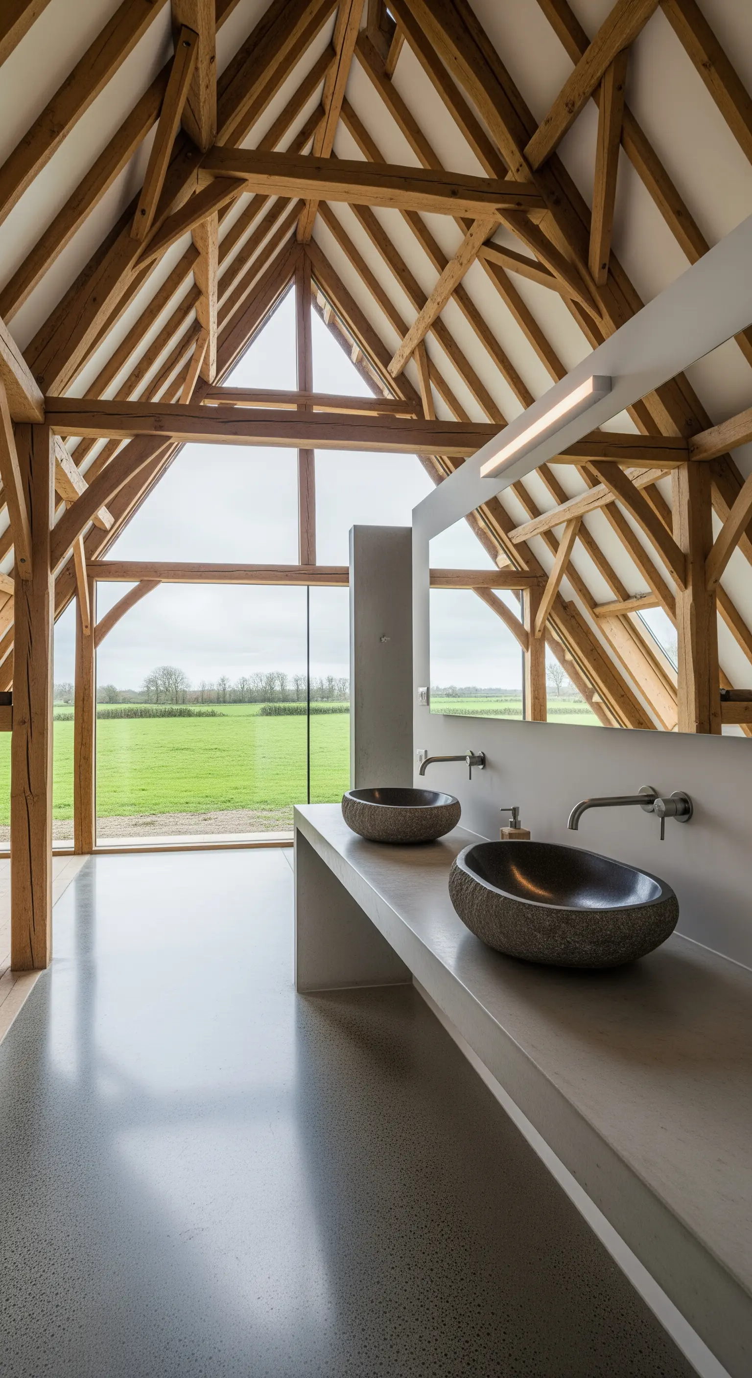 Bagno con soffitto a capriate, parete vetrata panoramica e lavabi in pietra scura.