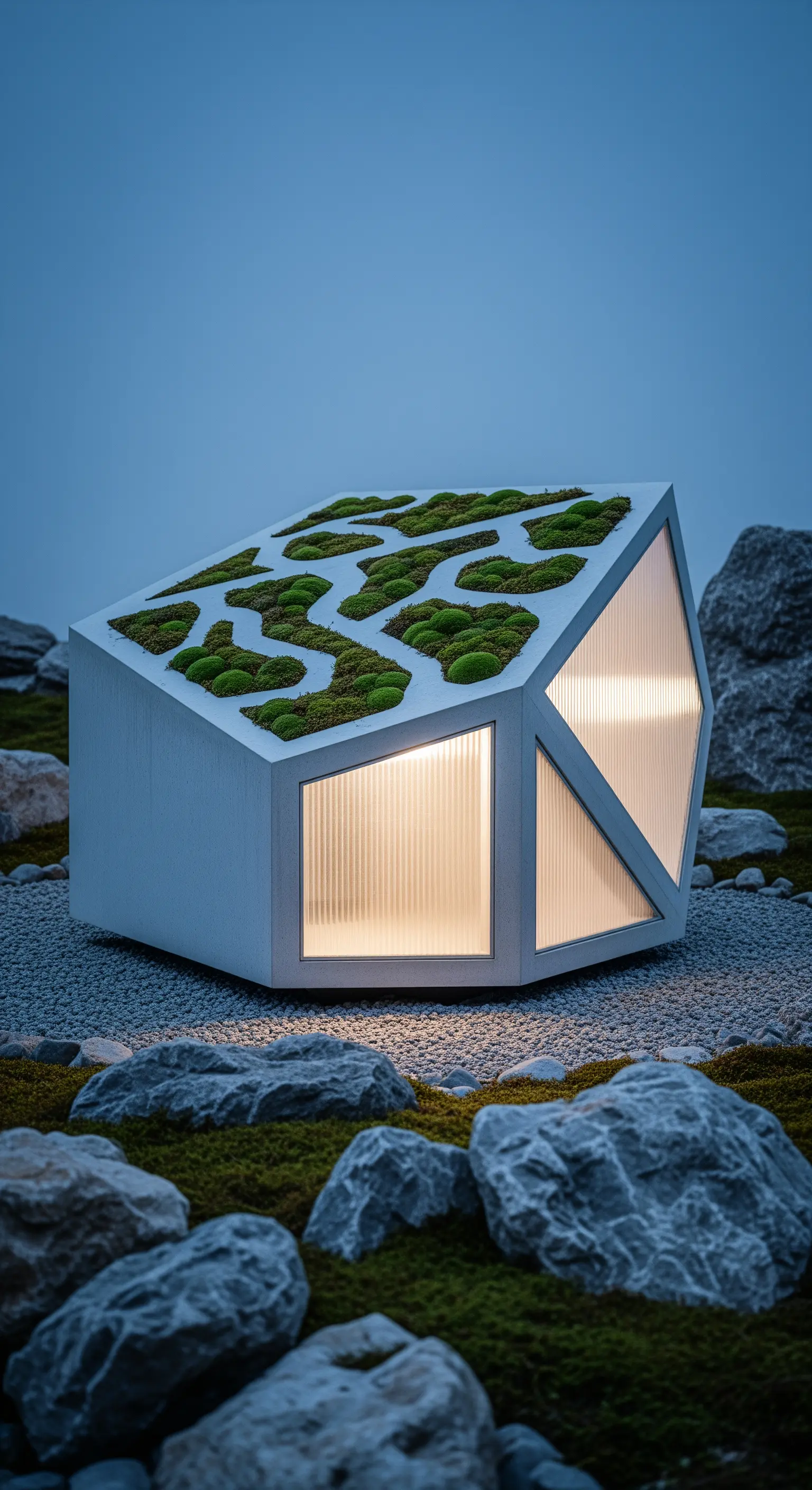 Cuccia dal design geometrico e moderno con pannelli traslucidi e un tetto di muschio.