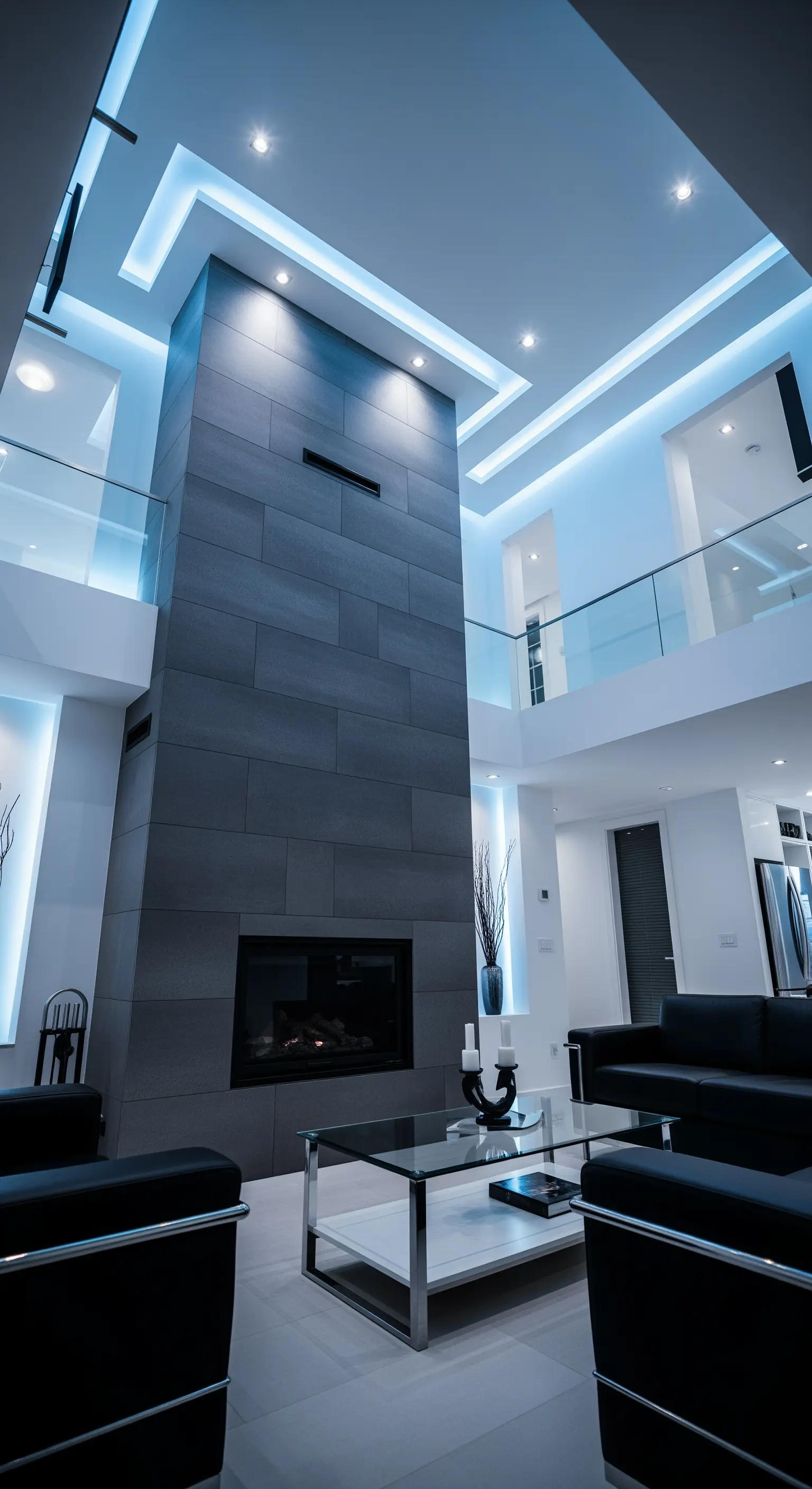 Camino a tutta altezza in piastrelle scure, con illuminazione LED blu nei controsoffitti.
