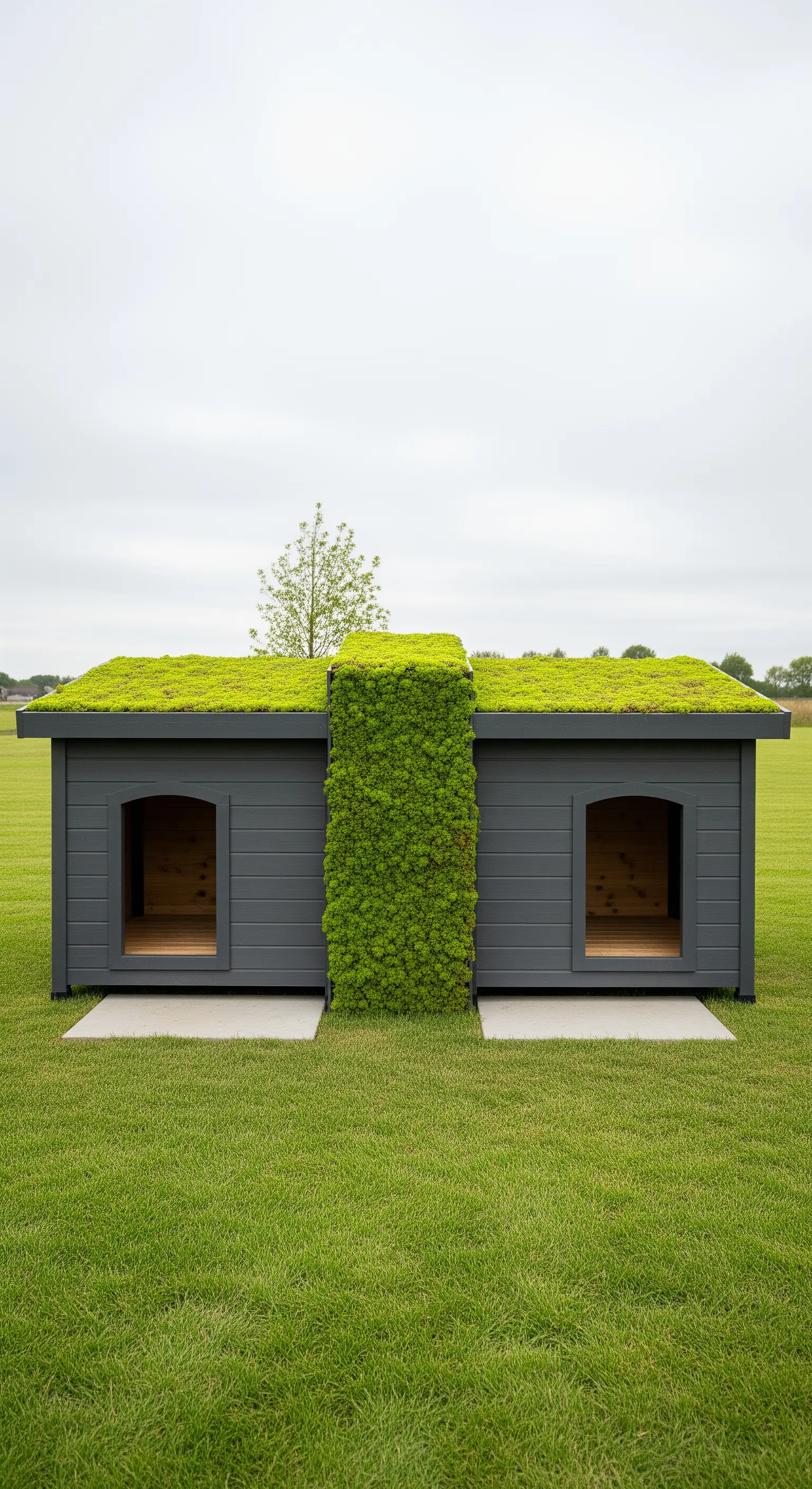 Cuccia doppia moderna grigio scuro con tetti verdi e un divisorio vegetale.