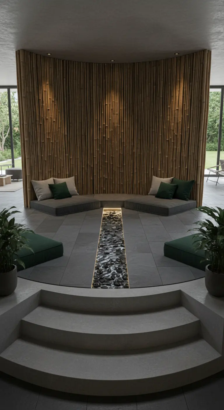 Salotto con sedute basse disposte attorno a un canale di pietre e una parete curva di bambù.