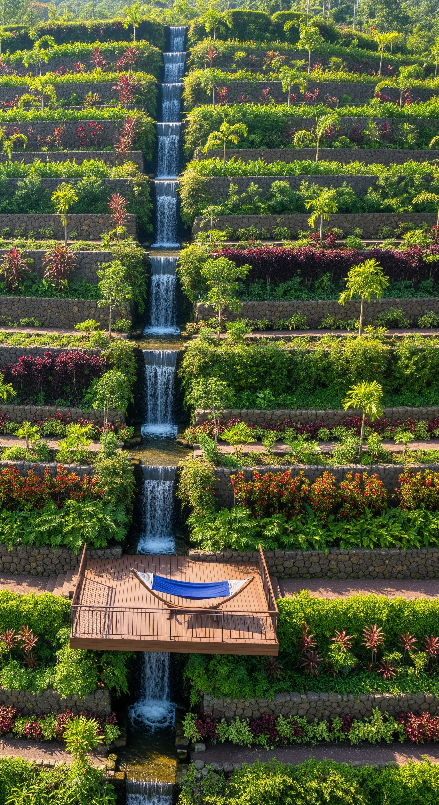 Giardino terrazzato con cascate a più livelli e una piattaforma in legno con un'amaca blu