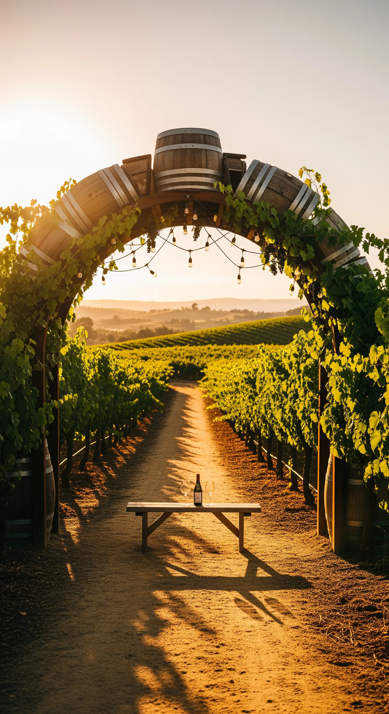 Arco rustico fatto con botti di vino all'ingresso di un vigneto, con luci a catenaria.