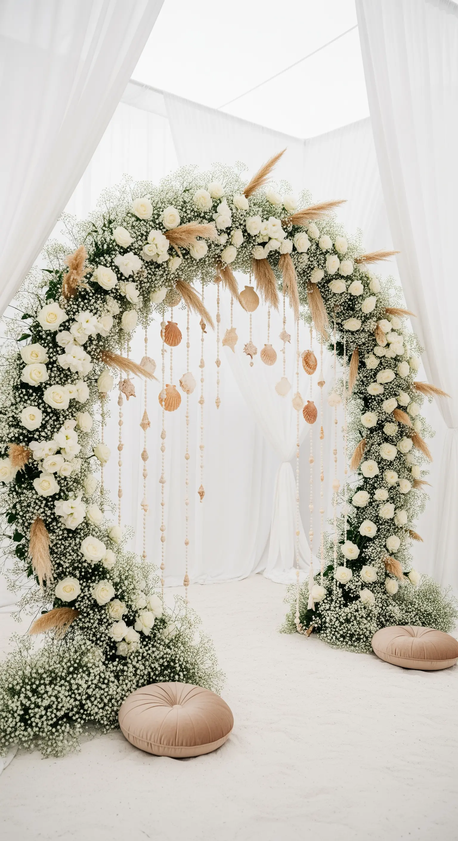 Arco per cerimonia decorato con fiori bianchi, erba pampas e conchiglie pendenti.