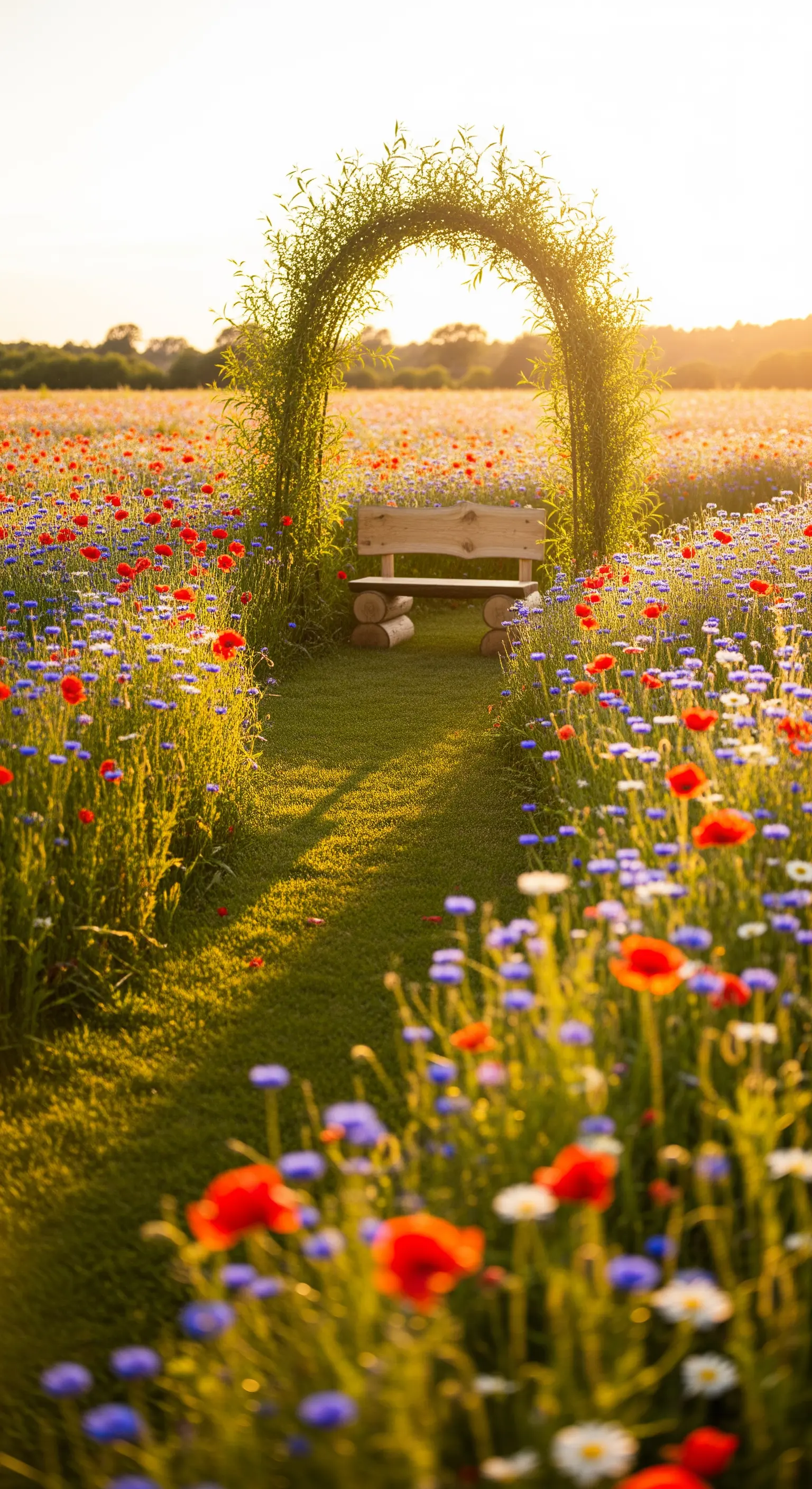 Arco di rami intrecciati e una panca in legno in mezzo a un campo di fiori selvatici al tramonto.