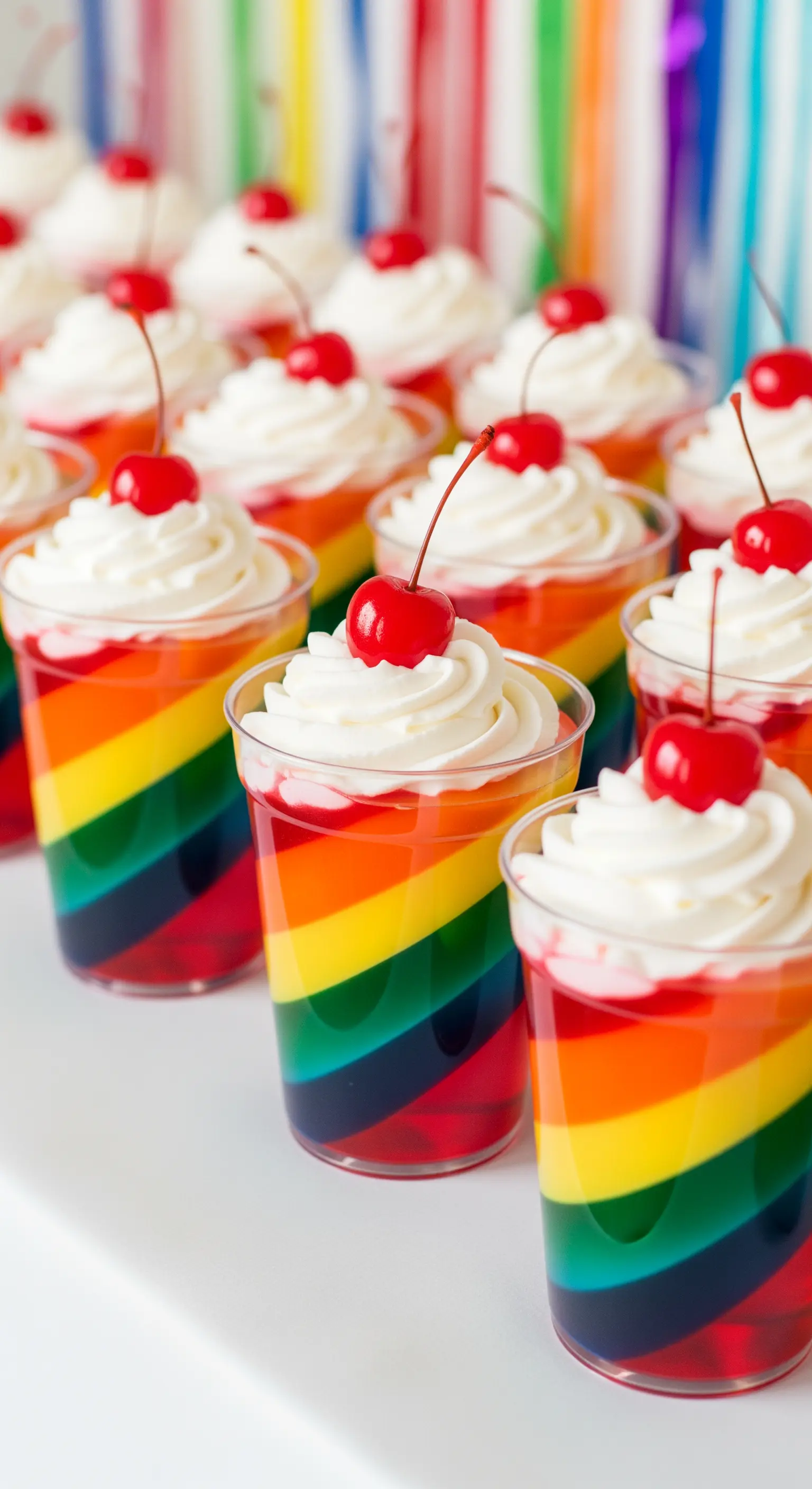 Bicchieri di gelatina a strati colorati che formano un arcobaleno, con panna e una ciliegina.