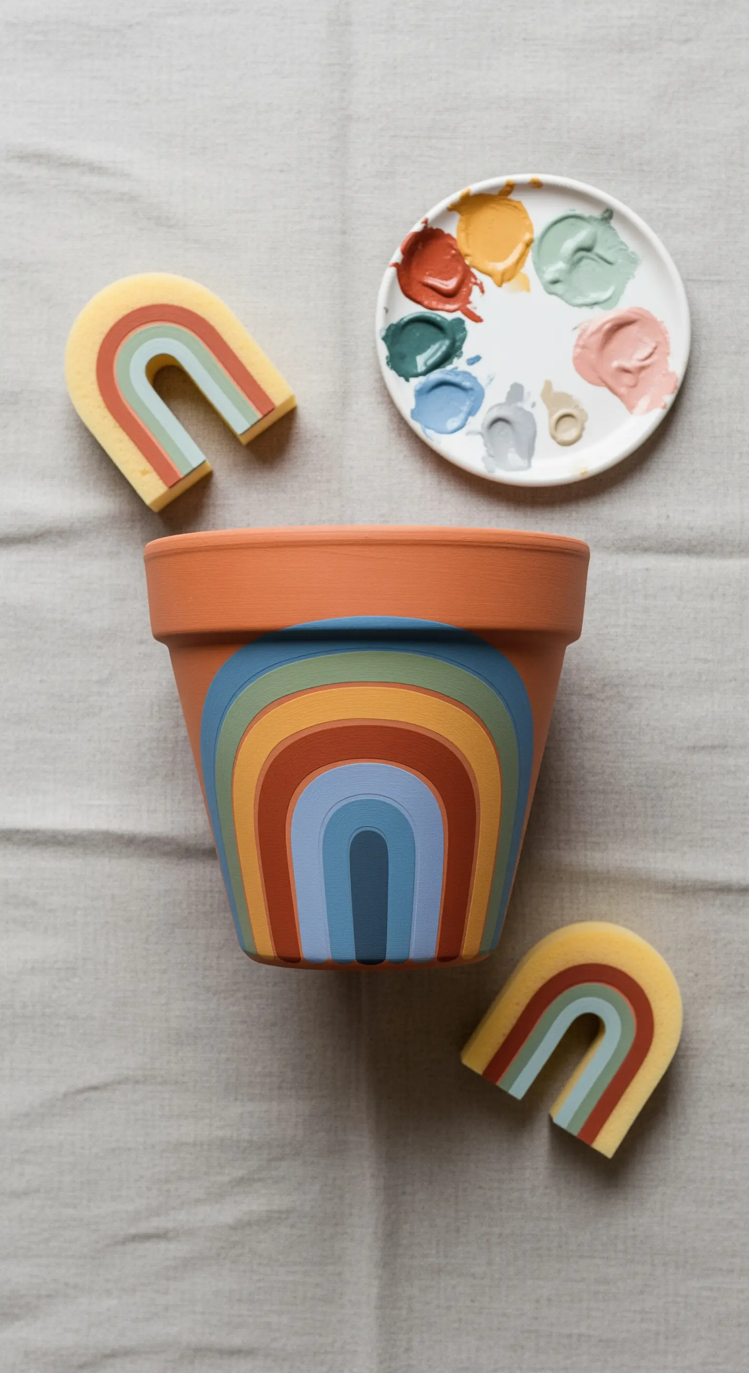 Vaso di terracotta con un motivo ad arcobaleno in colori tenui, accanto a timbri a forma di arco.