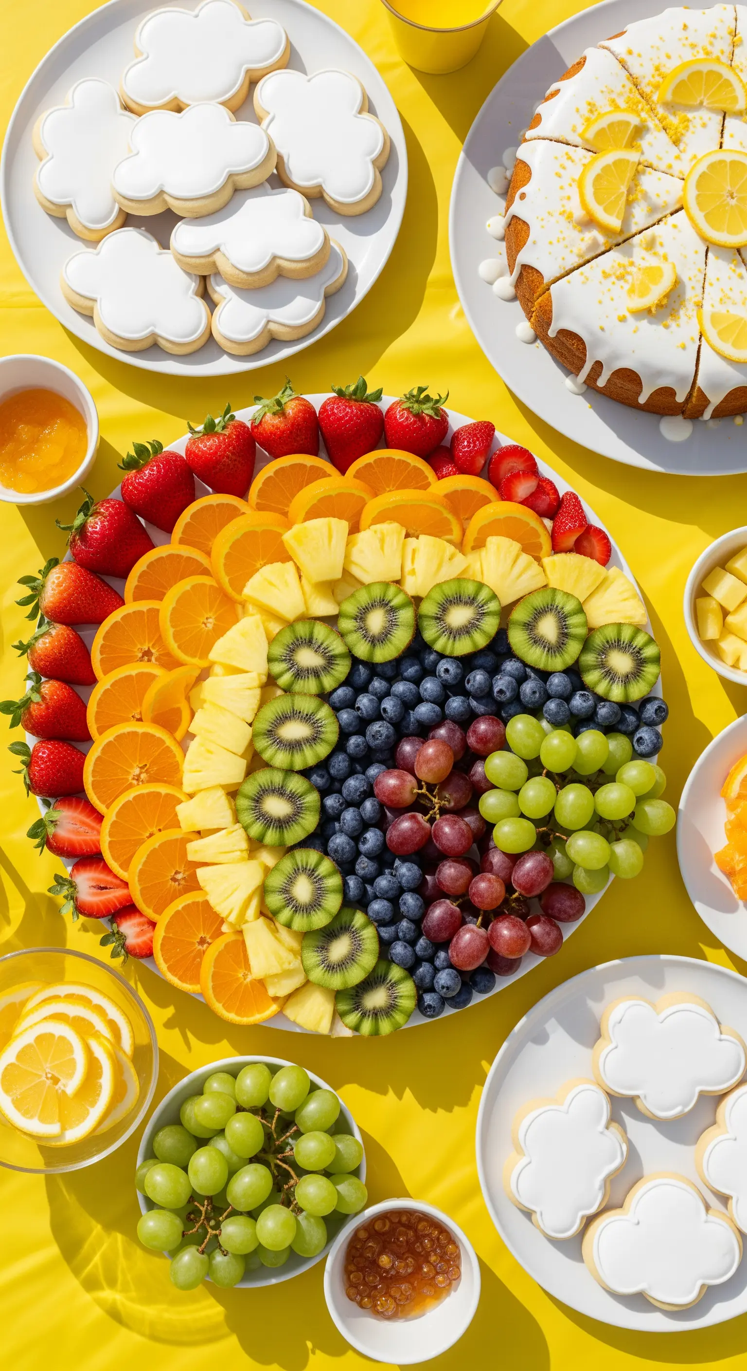 Grande piatto di frutta fresca disposta a forma di arcobaleno su una tovaglia gialla.