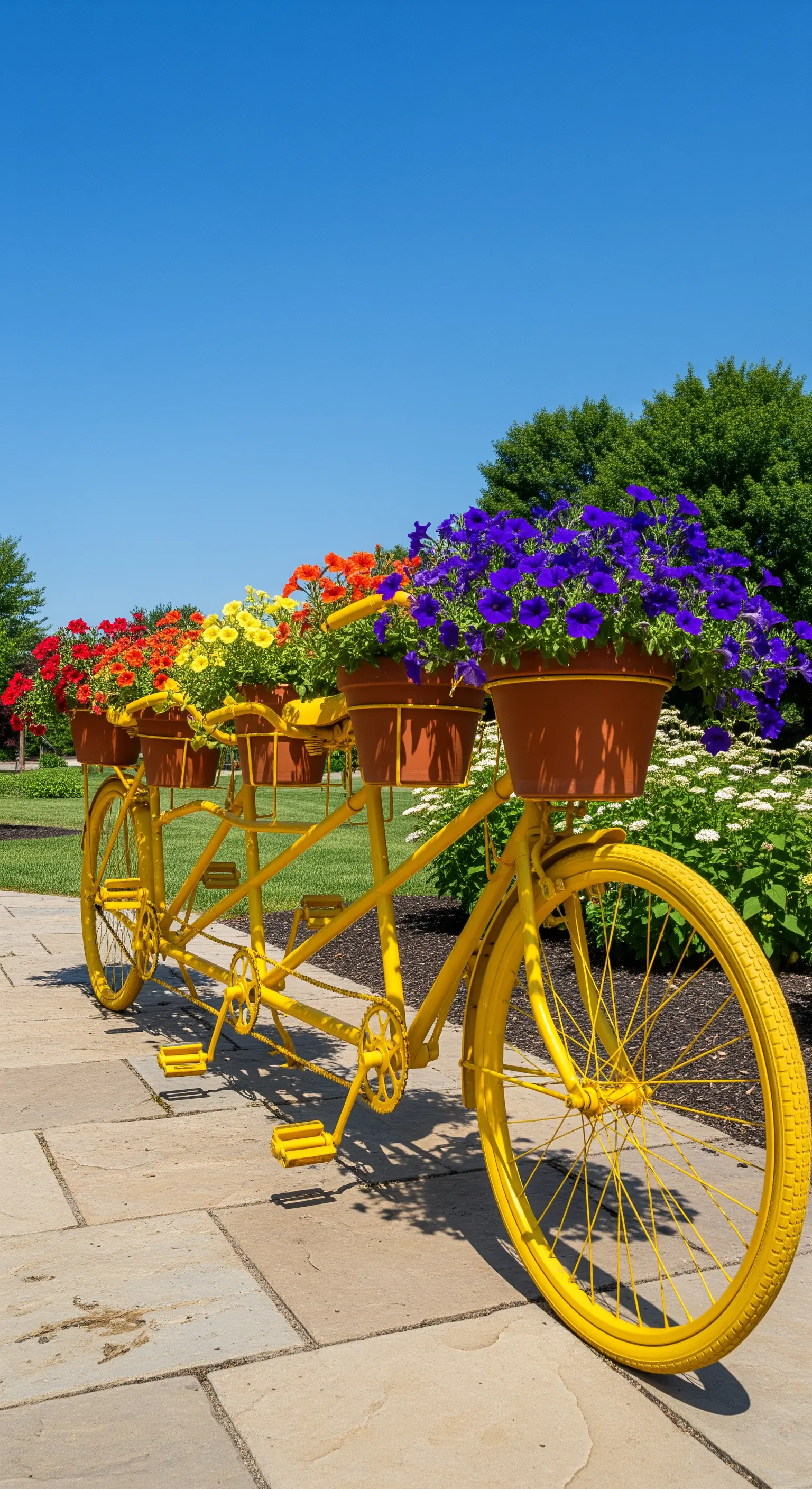 Tandem giallo brillante con una fila di vasi di fiori che creano un effetto arcobaleno.