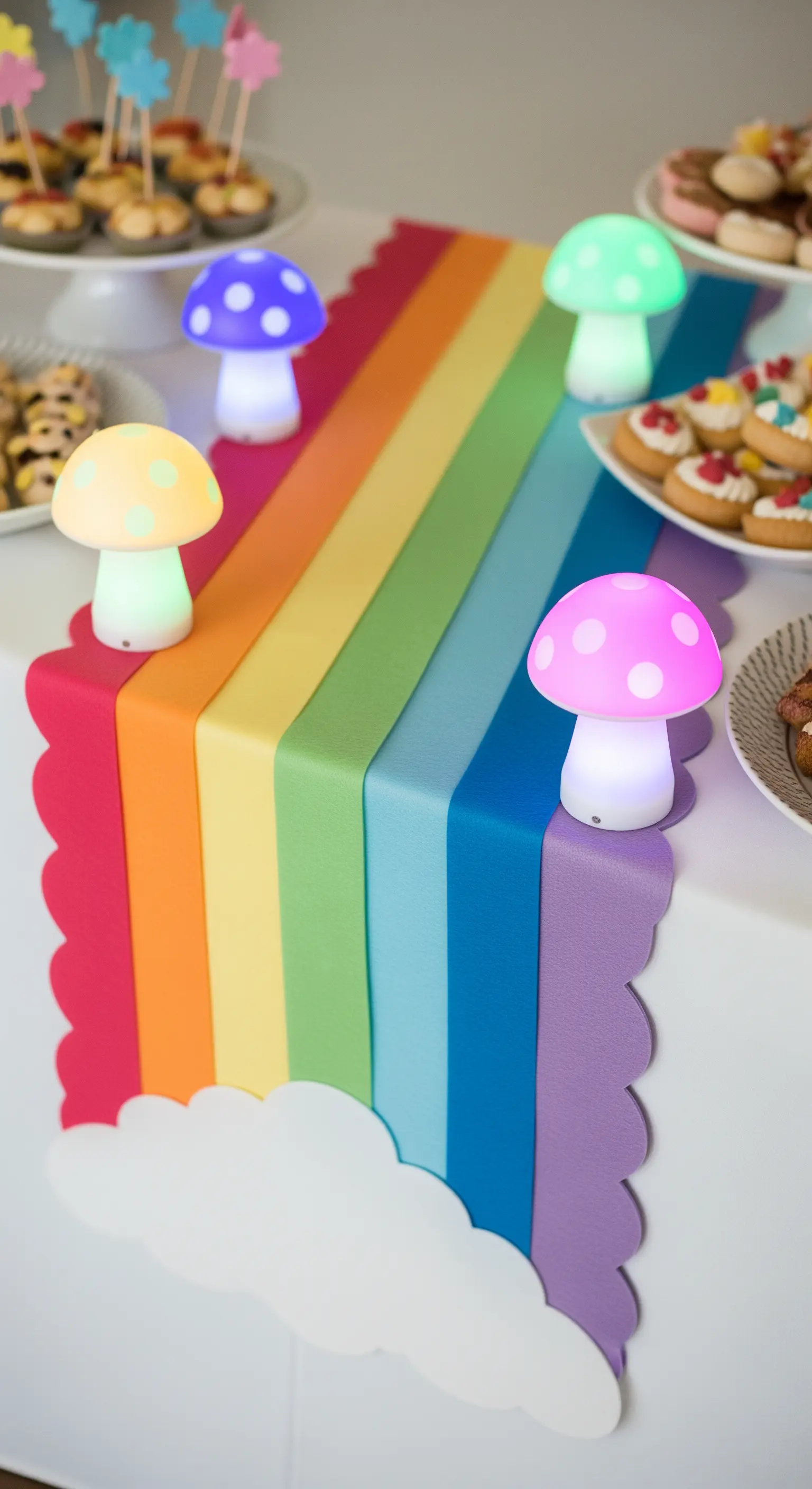 Runner fai-da-te a forma di arcobaleno realizzato con strisce di feltro colorato.