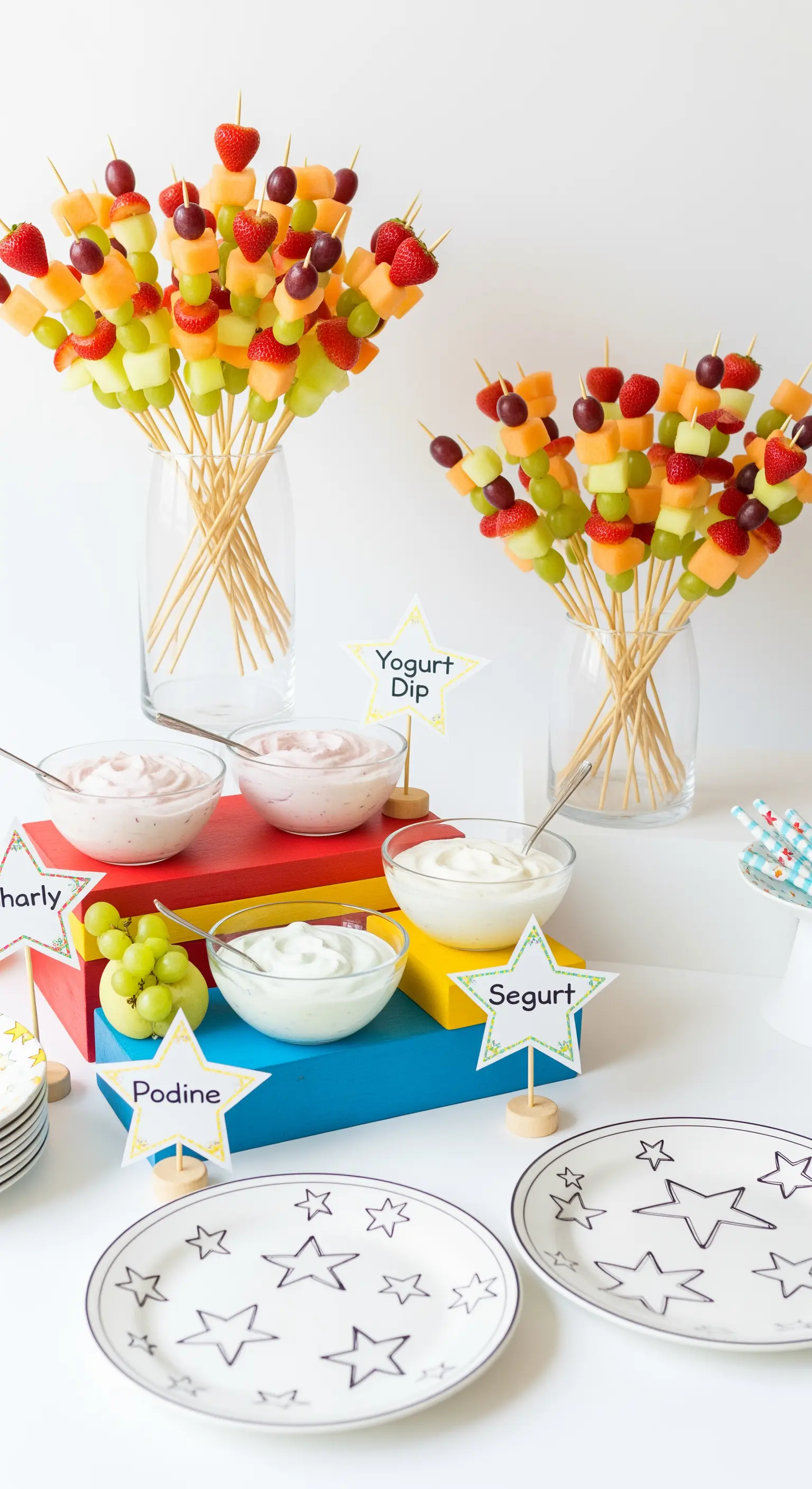 Spiedini di frutta colorata per bambini, con ciotole di yogurt e alzate fatte di blocchi colorati.