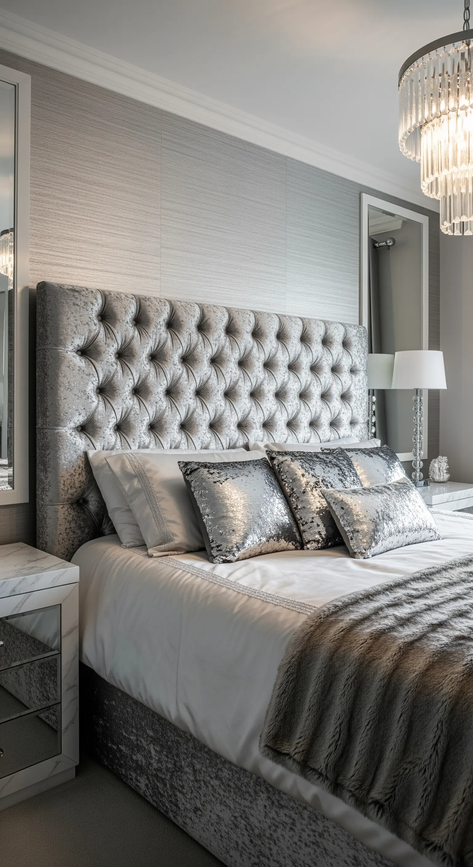 Testiera capitonné in velluto cangiante argento con cuscini di paillettes.