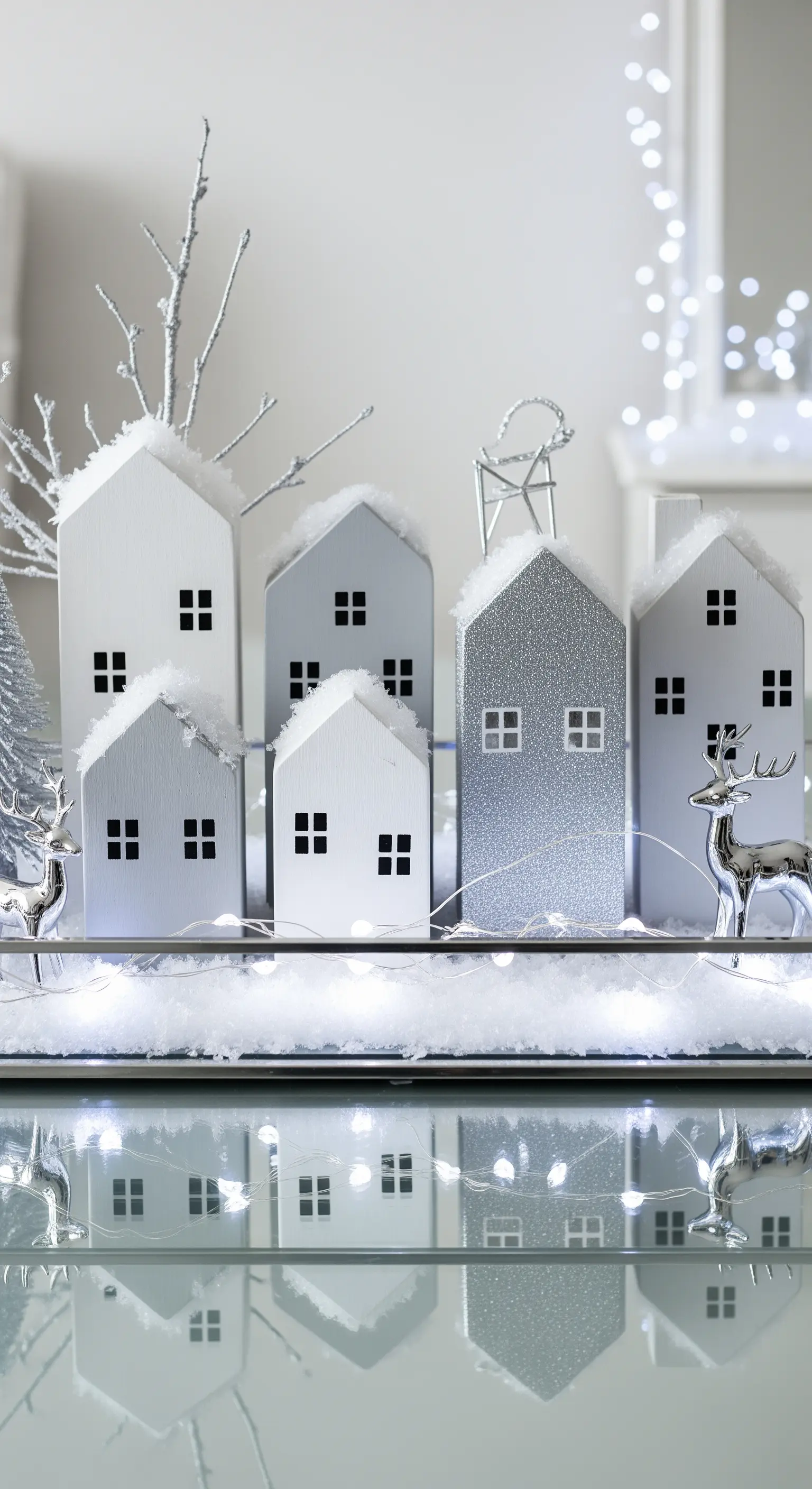 Villaggio natalizio monocromatico con casette bianche e argento, renne e luci fredde.