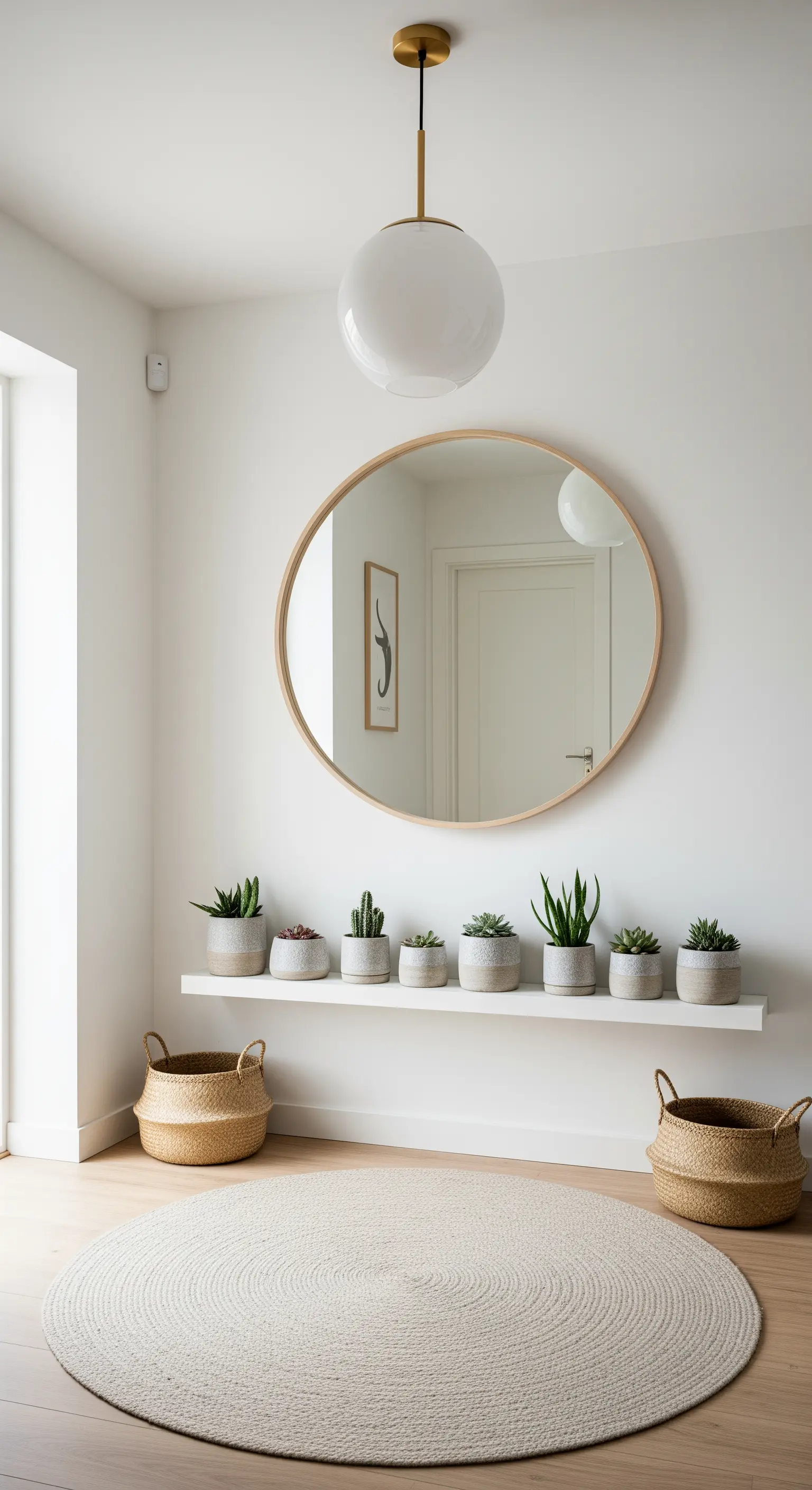 Ingresso con grande specchio rotondo, tappeto circolare in juta e mensola con piante grasse.