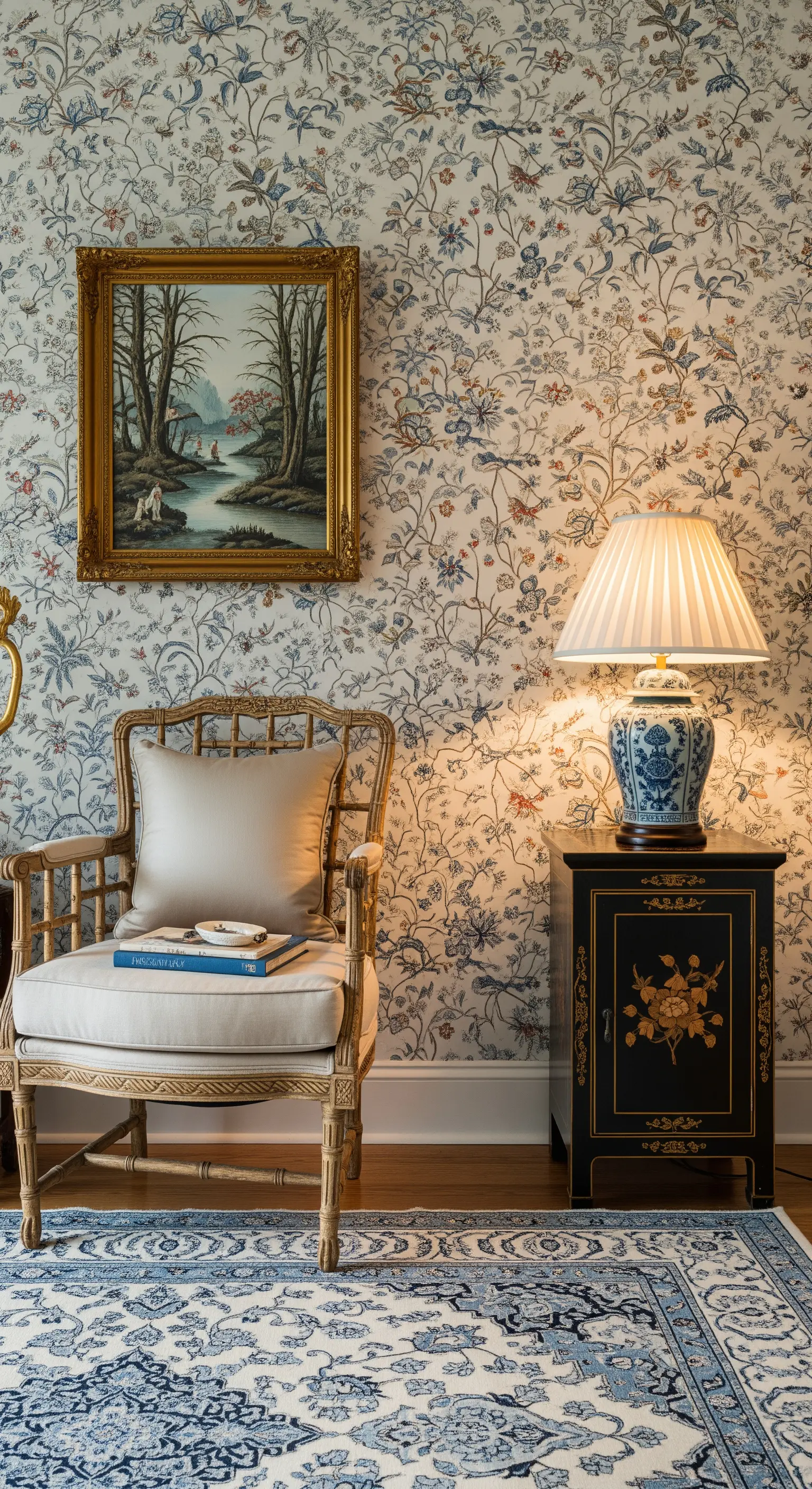 Angolo lettura con carta da parati floreale, sedia classica e comodino laccato nero in stile cinese.