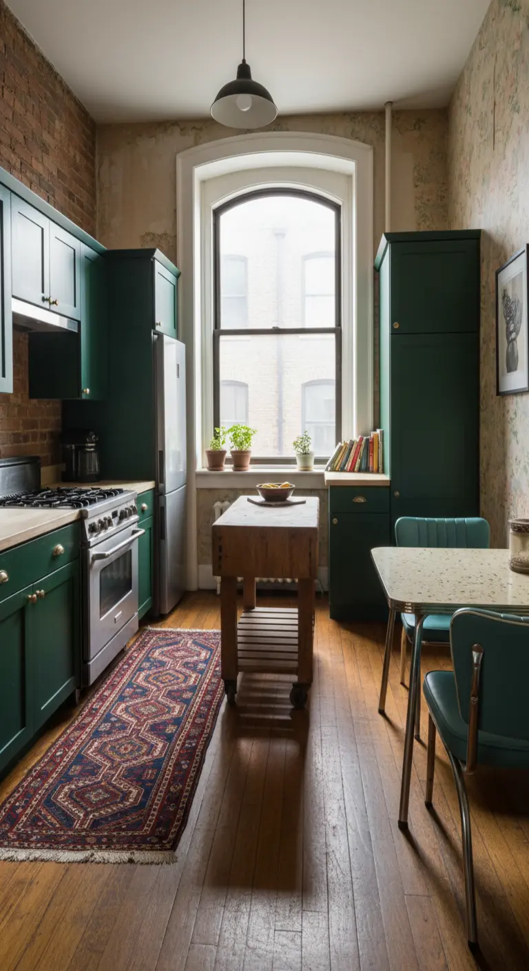 Cucina stretta con mobili verde scuro, carta da parati vintage e runner persiano.