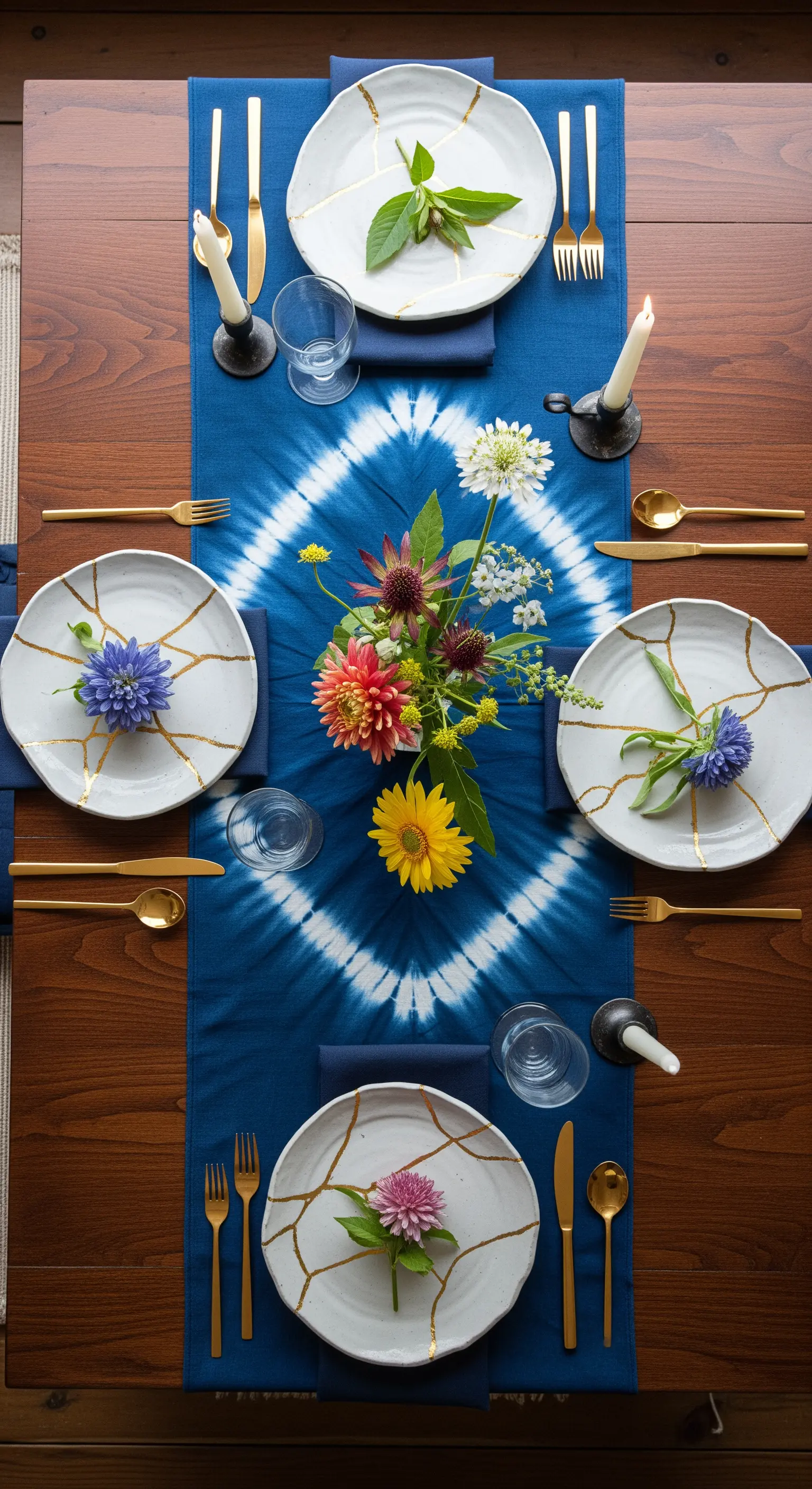 Tavola in stile giapponese con runner shibori e piatti kintsugi con dettagli dorati