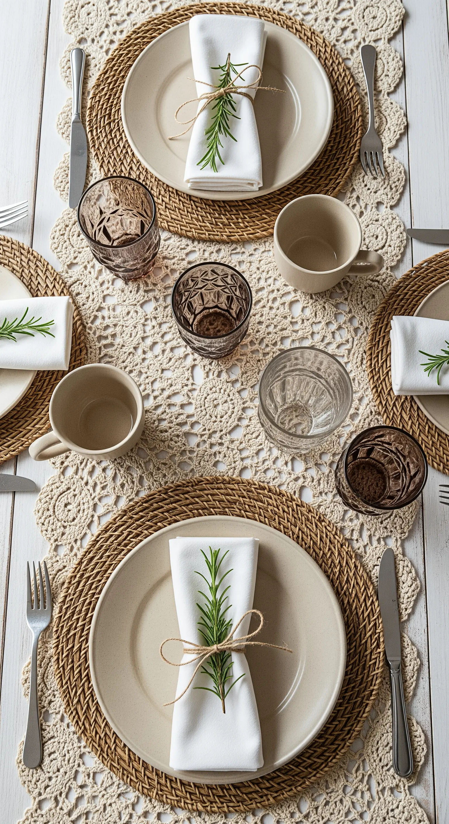 Tavola shabby chic con runner all'uncinetto, sottopiatti in rattan e rametti di rosmarino