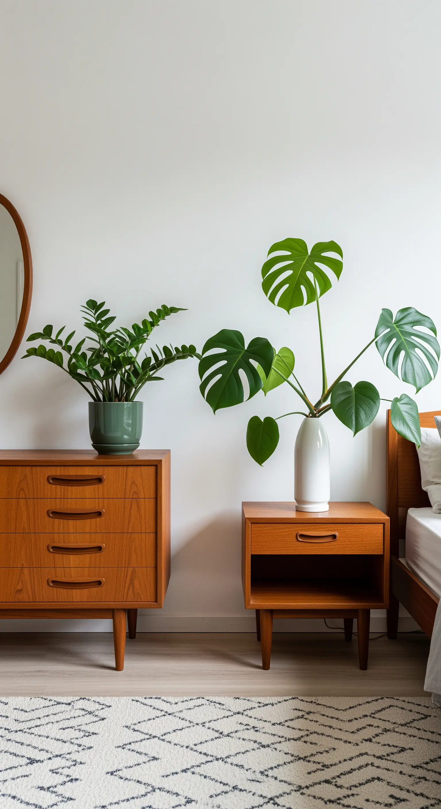 Mobili Mid-Century in teak con una Monstera in vaso bianco e una Zamioculcas in vaso verde.