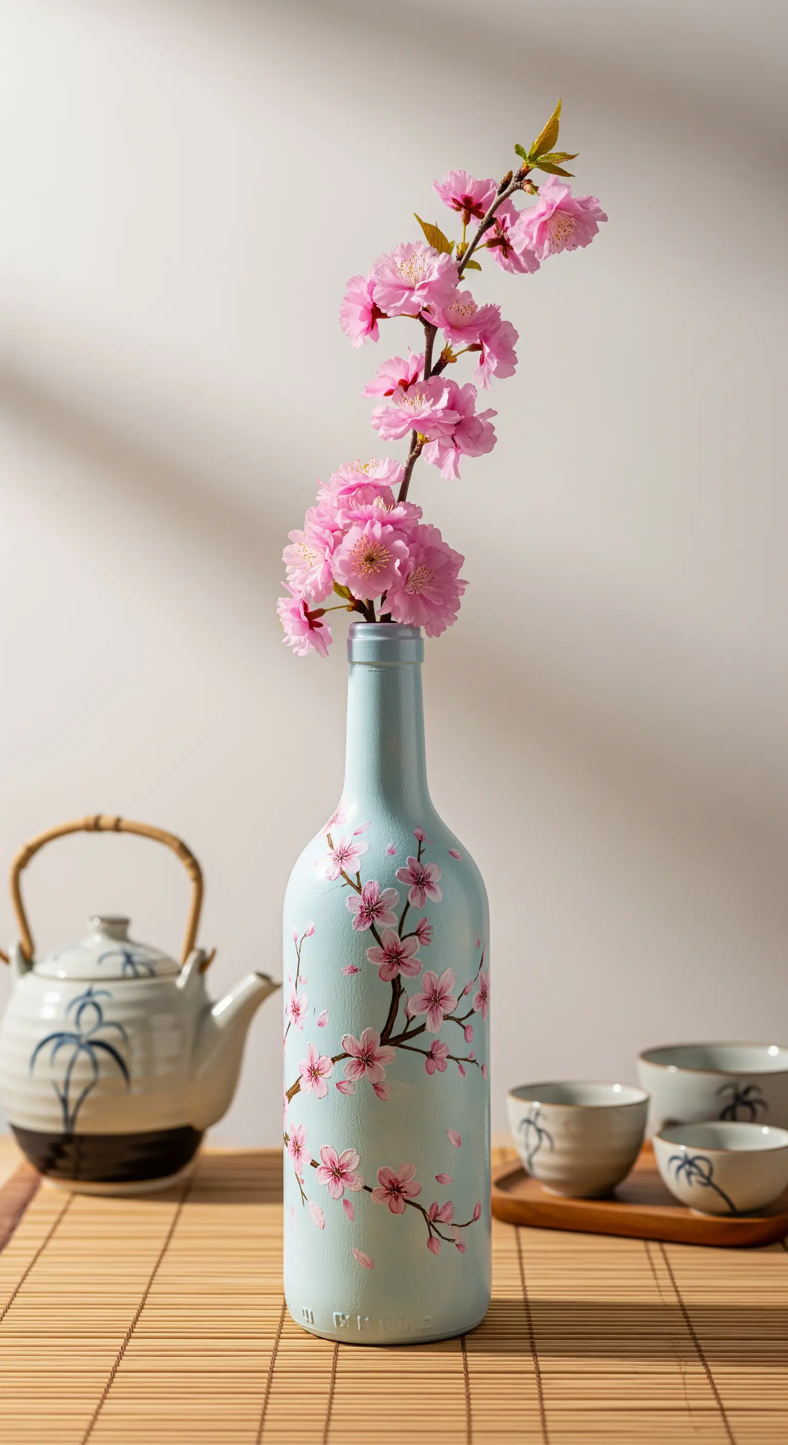 Bottiglia di vino celeste dipinta a mano con delicati rami di fiori di ciliegio.