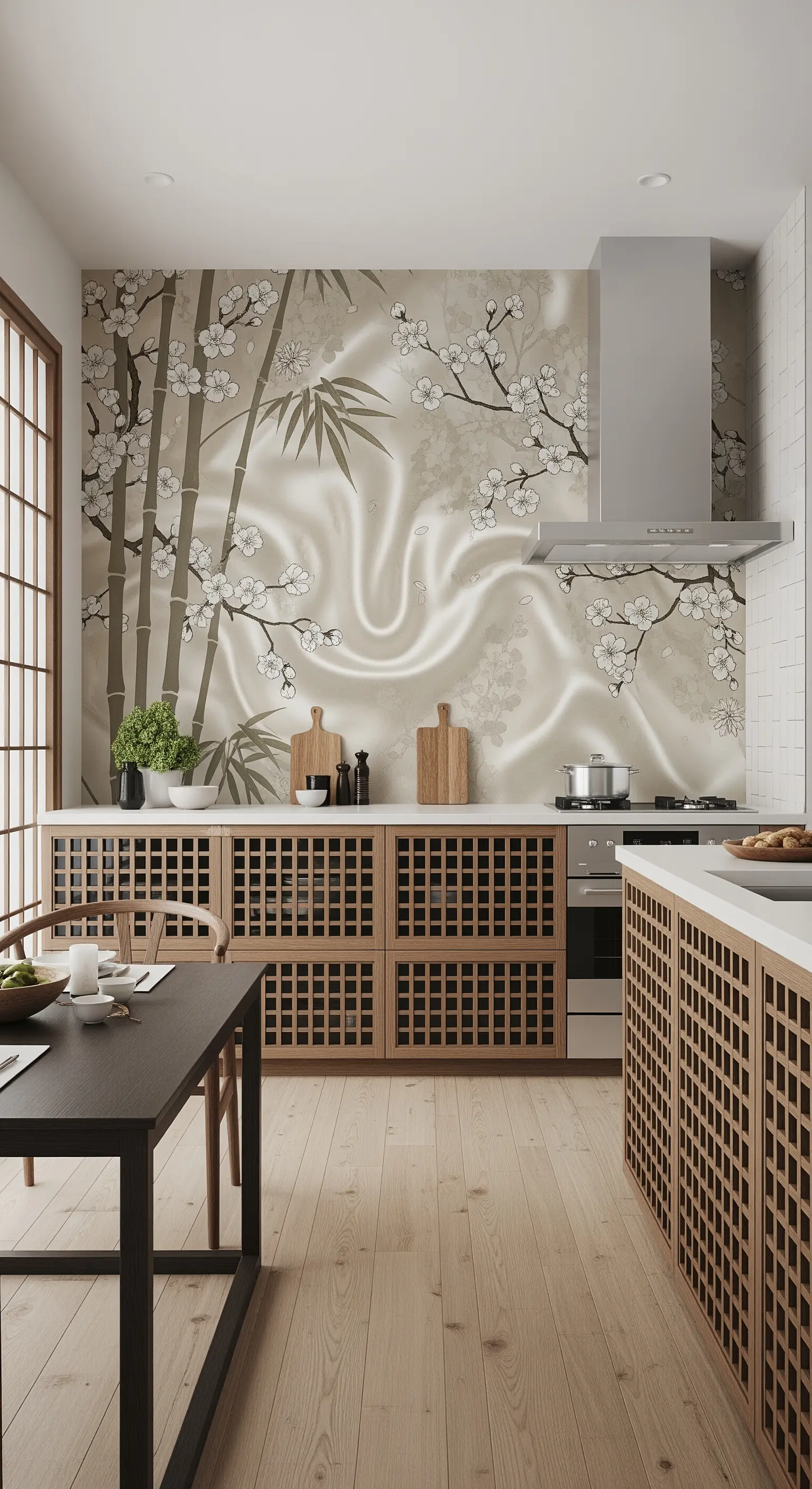 Cucina in stile giapponese con carta da parati a tema bambù e ante a griglia.