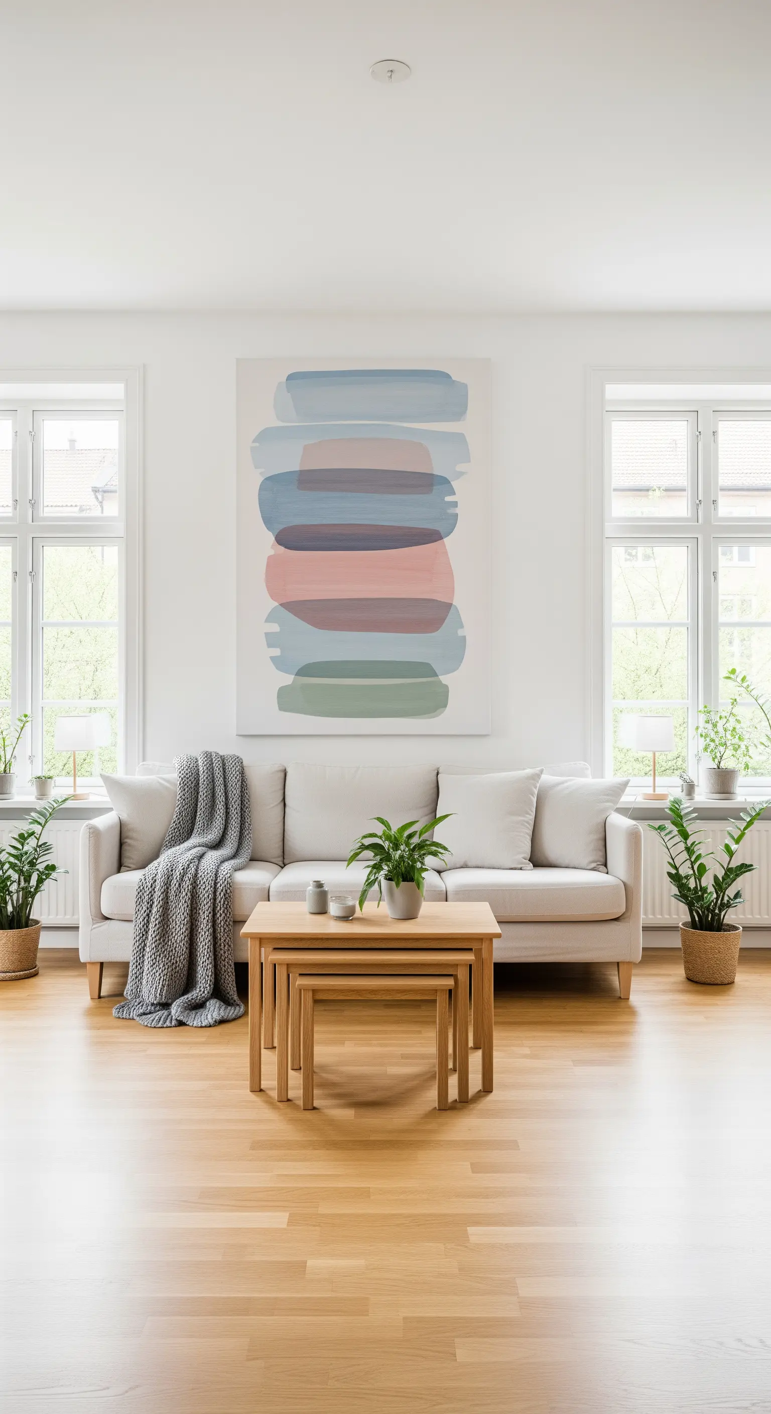 Quadro astratto con pennellate pastello sopra un divano beige in un soggiorno luminoso.