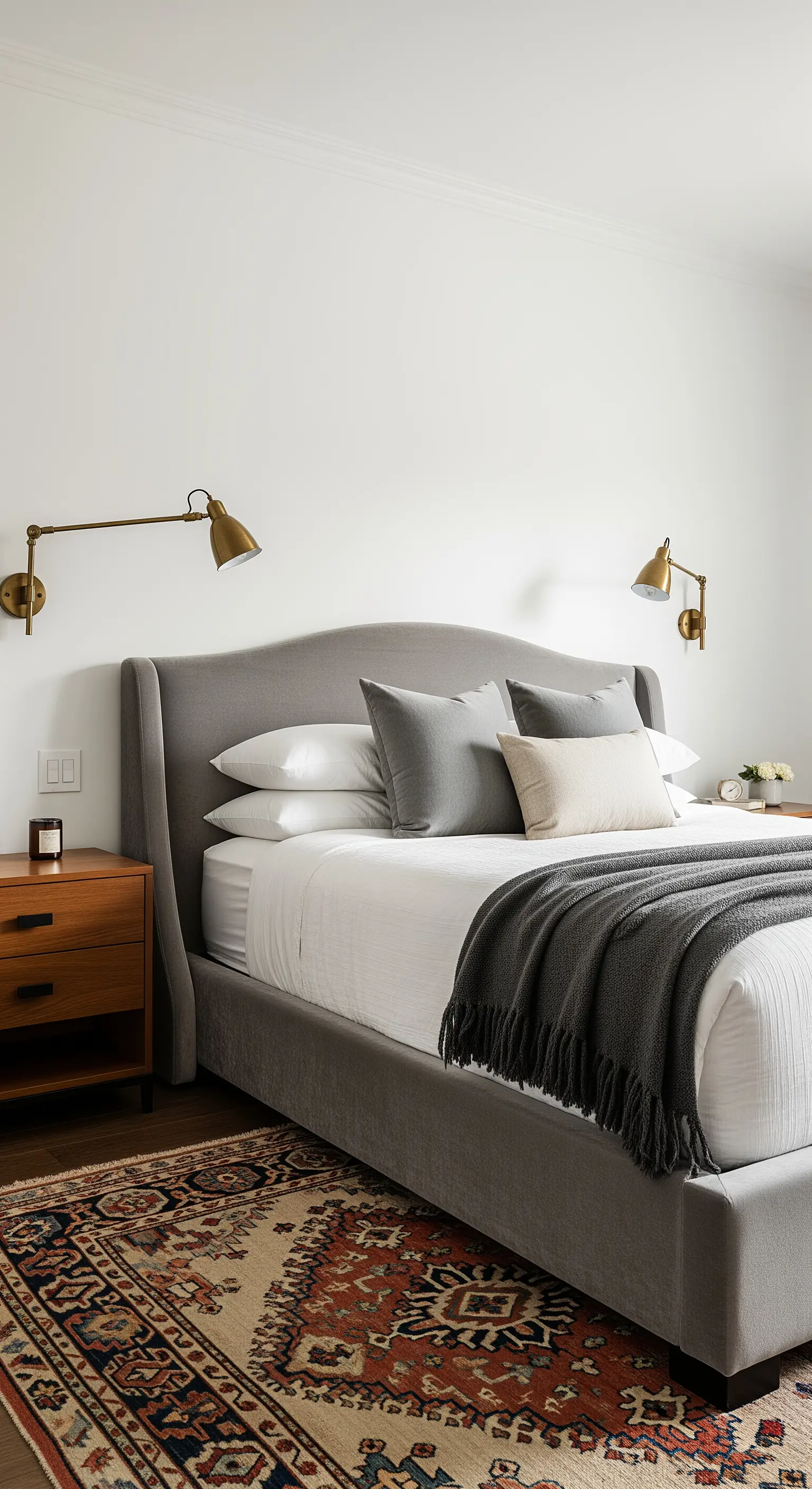Letto imbottito grigio con comodini Mid-Century, applique in ottone e tappeto persiano colorato.