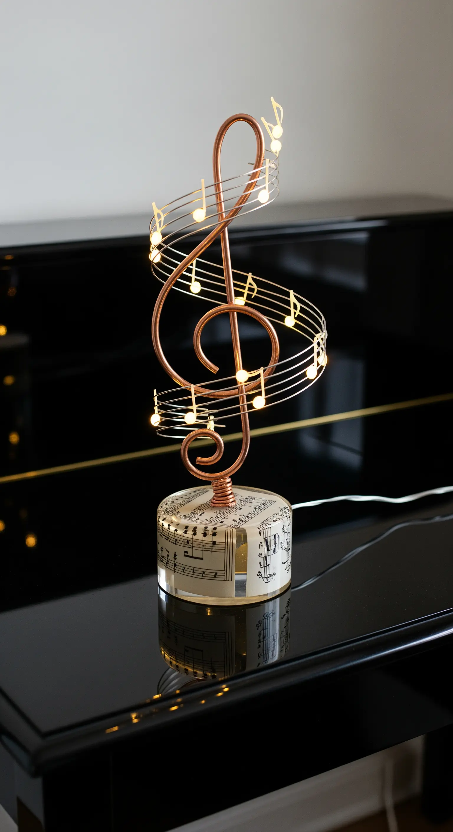 Chiave di violino in filo di rame con un pentagramma illuminato e una base a tema musicale.