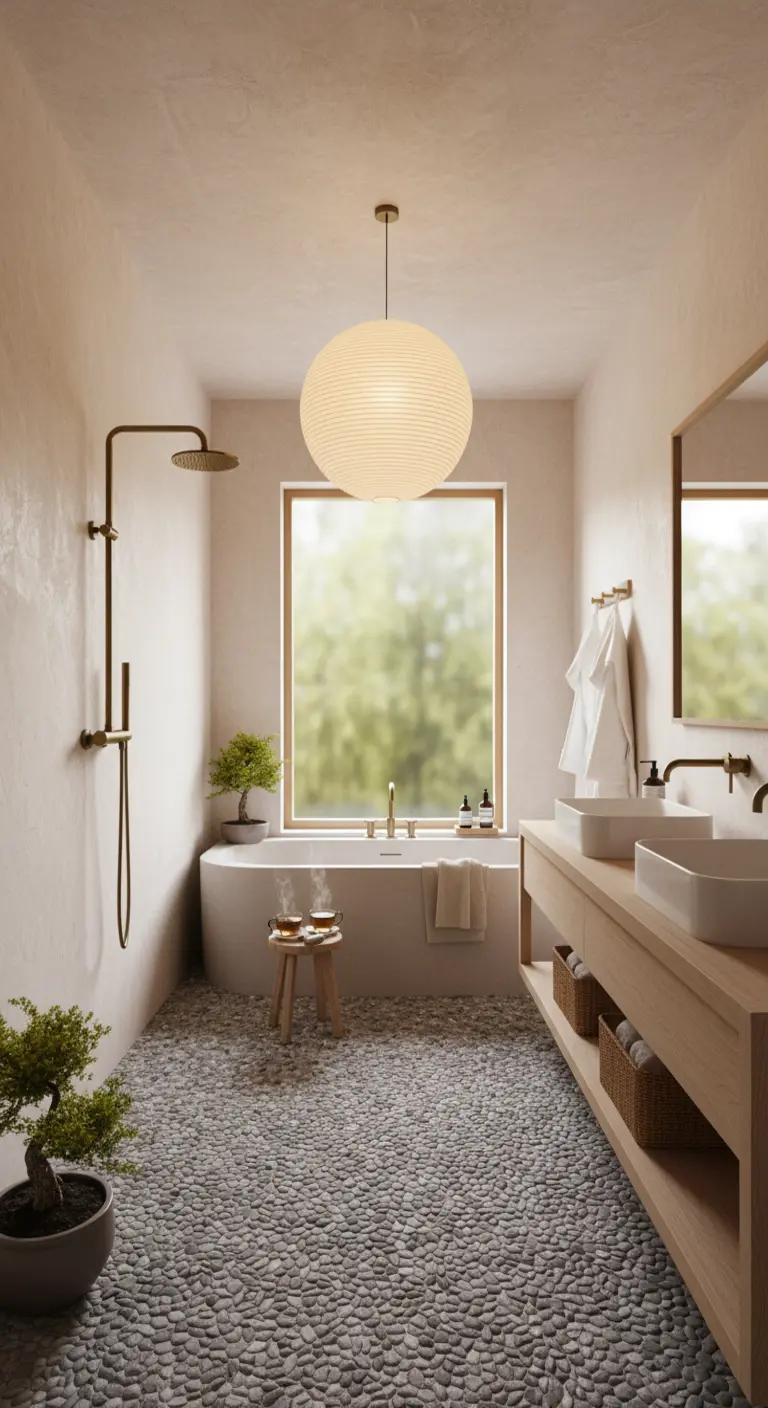 Bagno in stile Japandi con pavimento in ciottoli, lampada di carta e lavabi da appoggio.