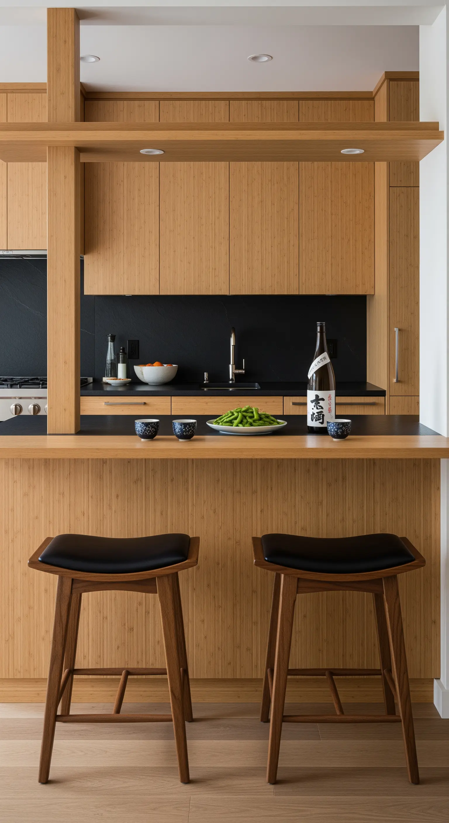 Cucina in stile Japandi con mobili in bambù e sgabelli bassi in pelle nera.