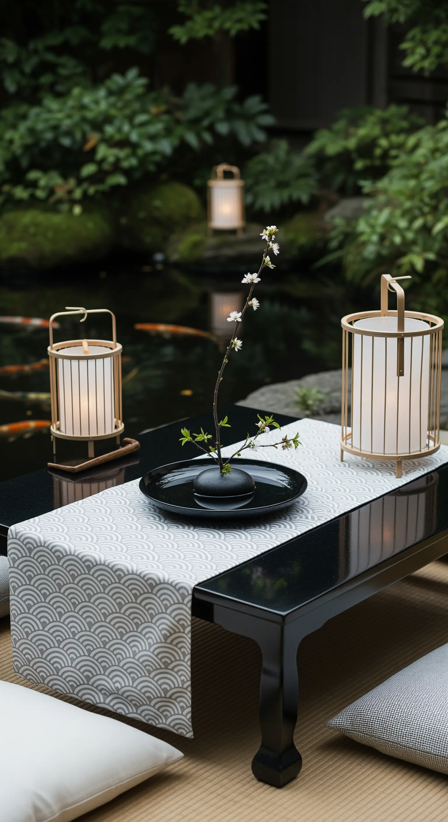 Allestimento zen con lanterne giapponesi e composizione ikebana vicino all'acqua.