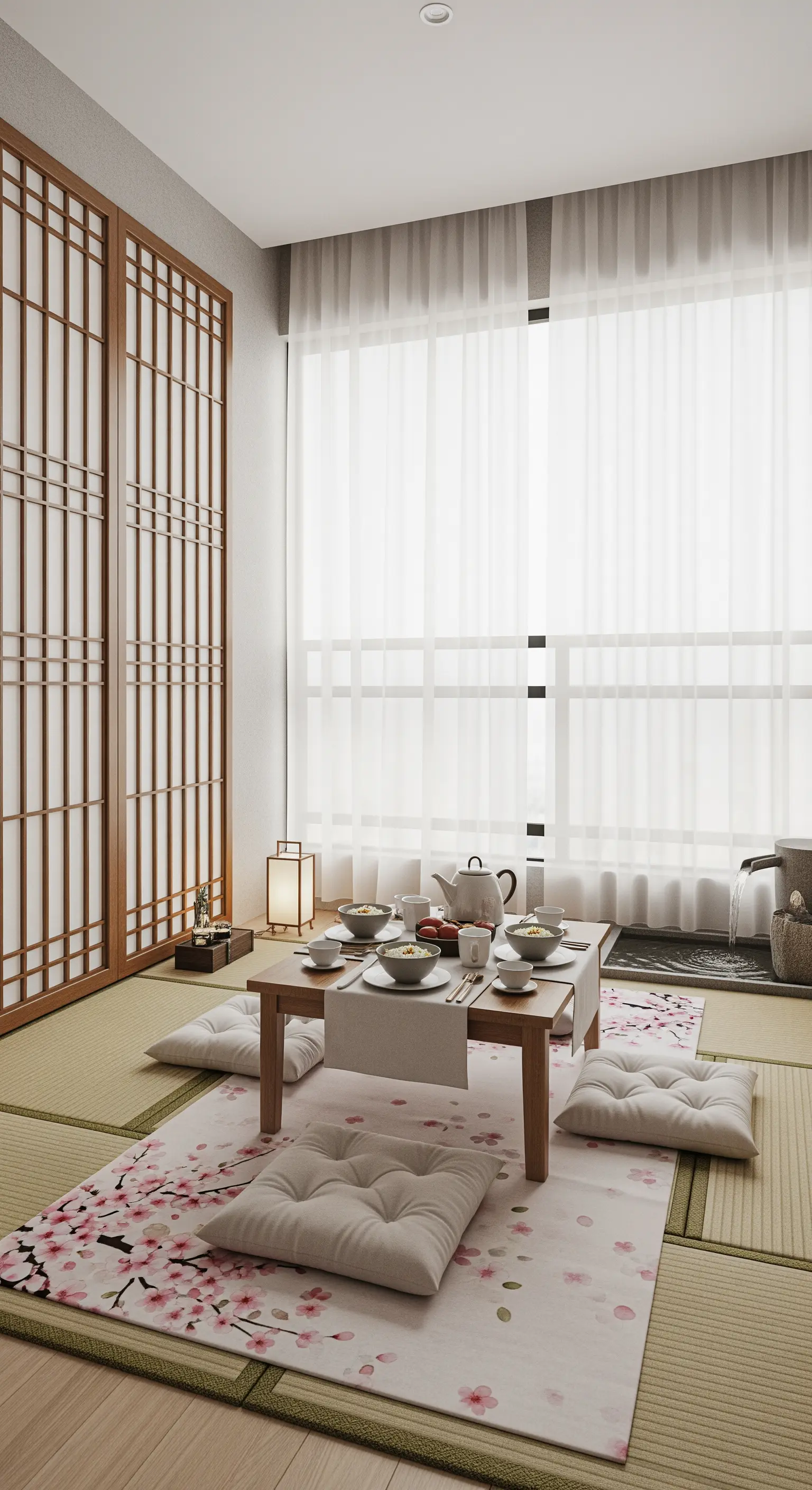 Spazio in stile giapponese con tatami, tavolo basso, cuscini a terra e runner con fiori di ciliegio.
