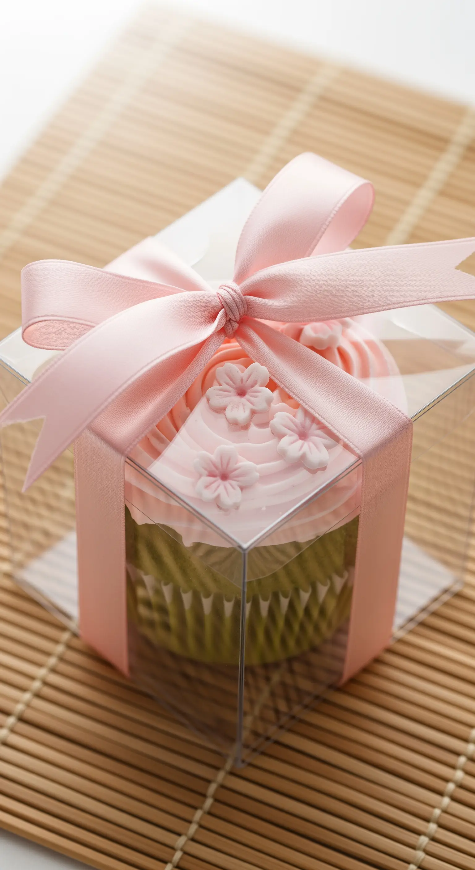 Cupcake rosa con fiori di ciliegio in zucchero e un fiocco di raso rosa.