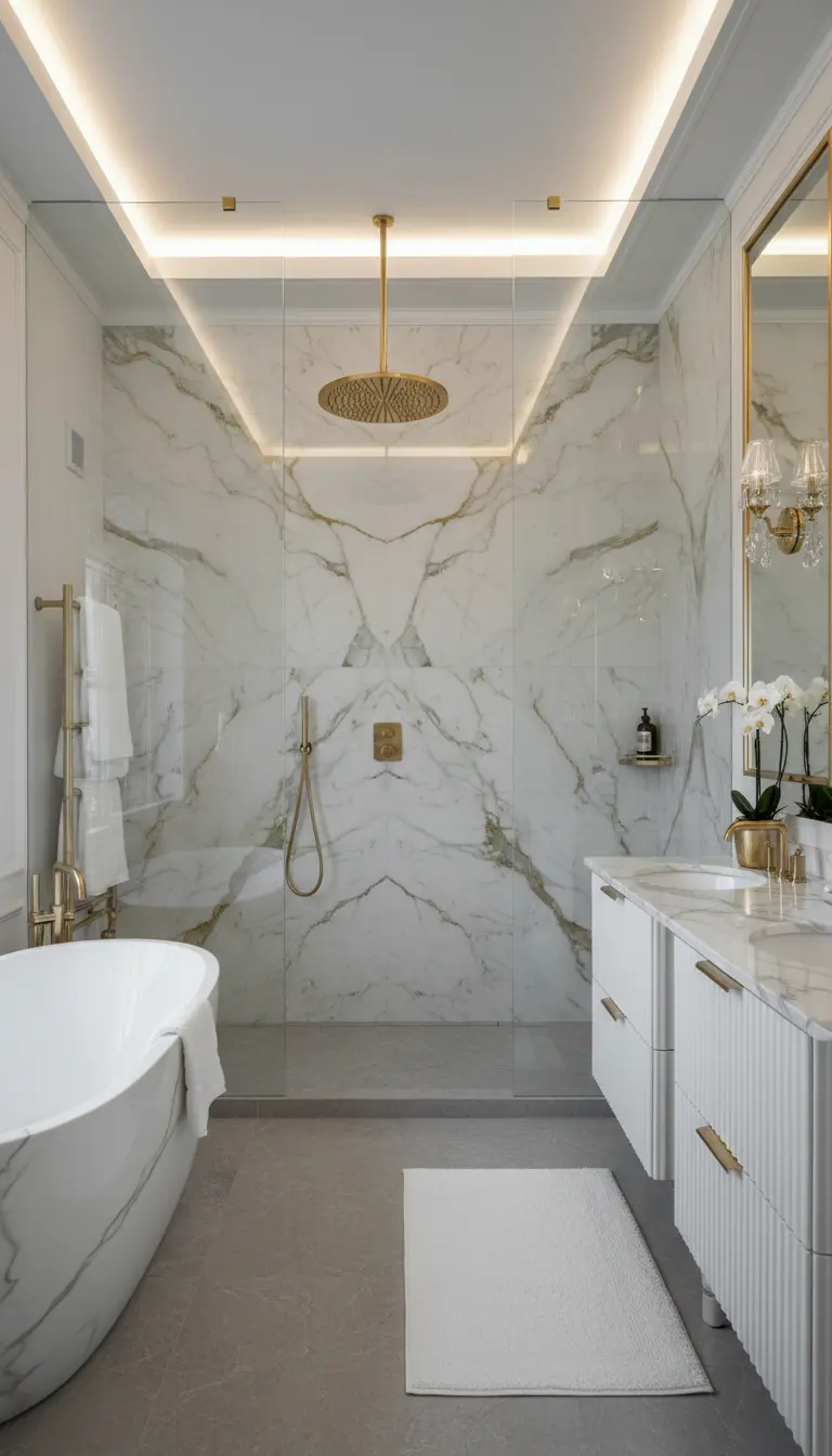 Bagno di lusso con doccia walk-in in marmo Calacatta Gold e dettagli in ottone spazzolato.