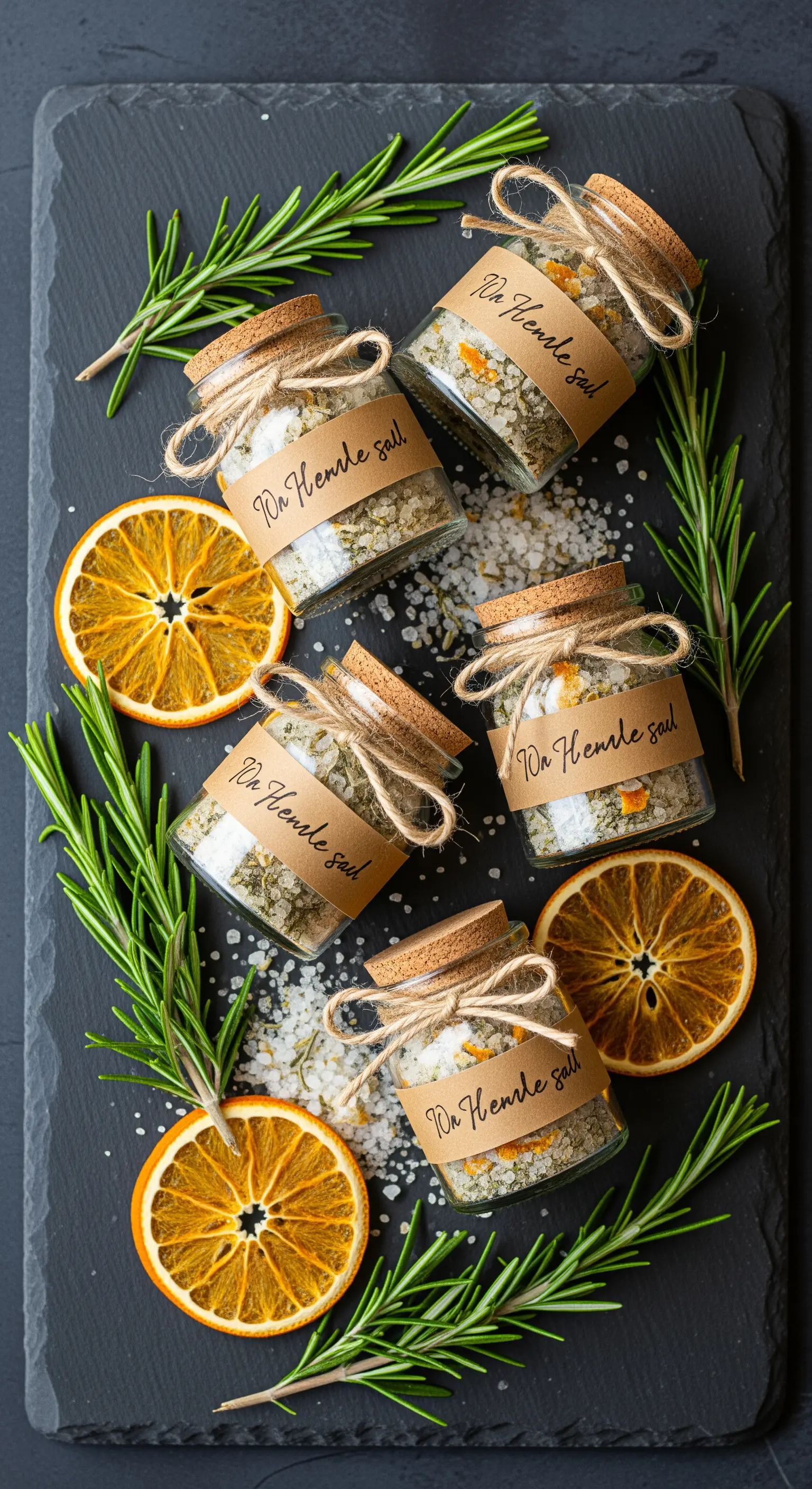 Barattolini di sali aromatici con rosmarino e agrumi, etichette personalizzate