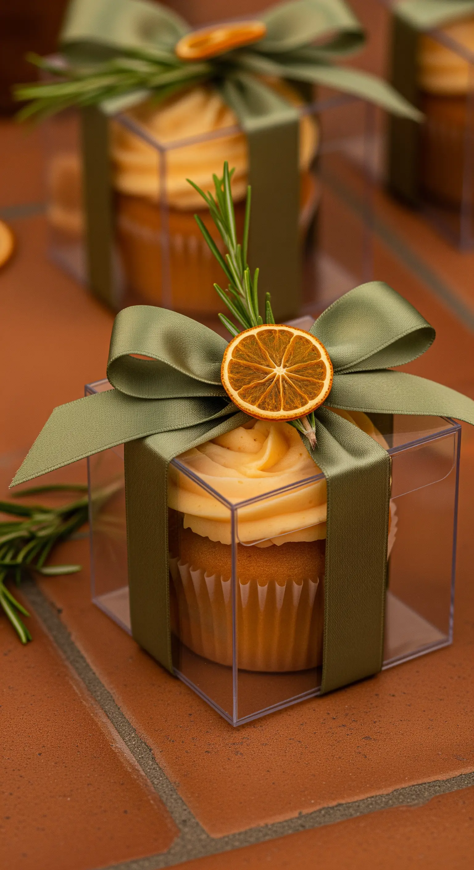 Cupcake decorato con nastro verde salvia, arancia essiccata e un rametto di rosmarino.