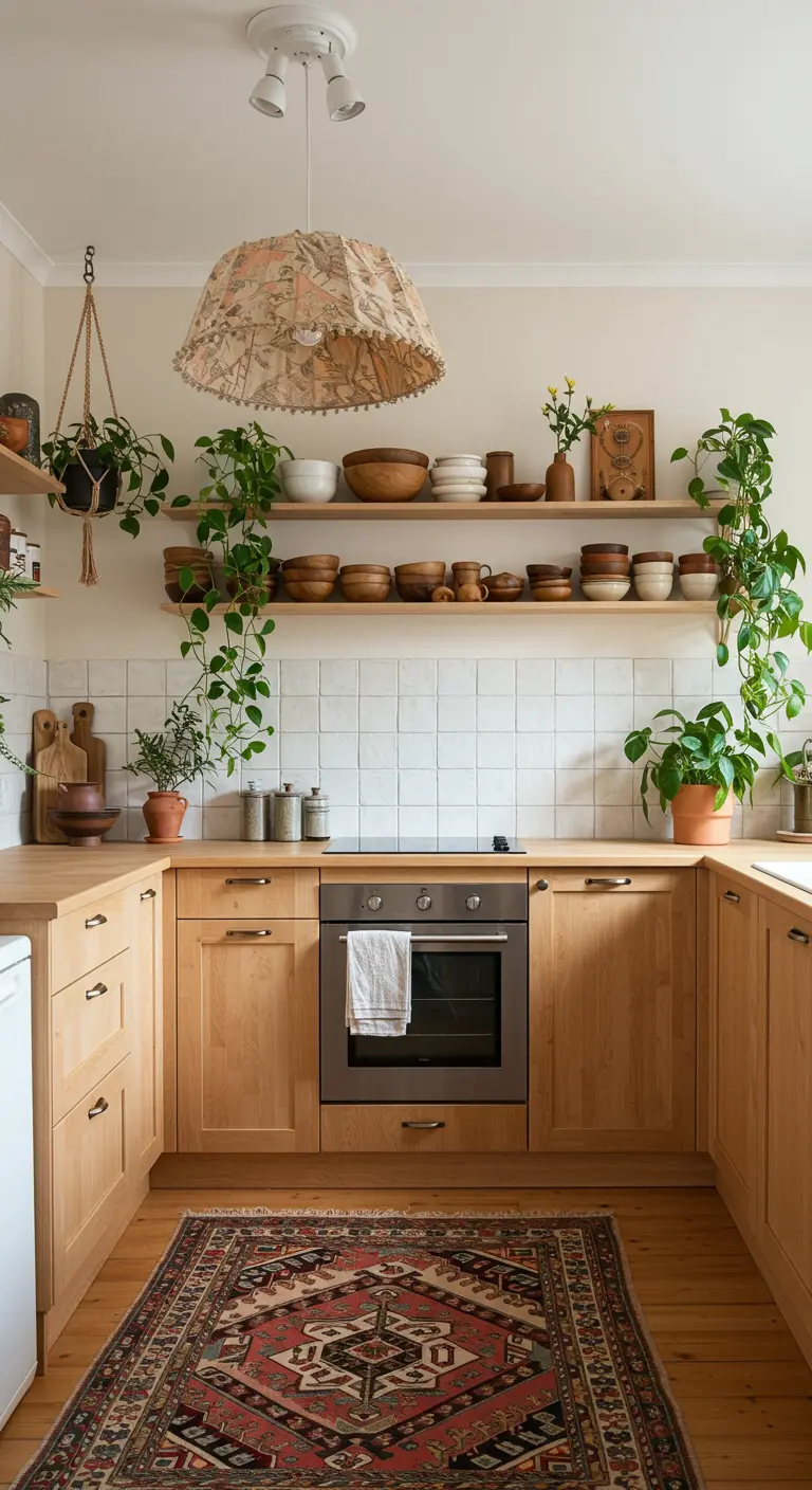 Cucina in legno con mensole a vista piene di piante, ciotole e un tappeto persiano.