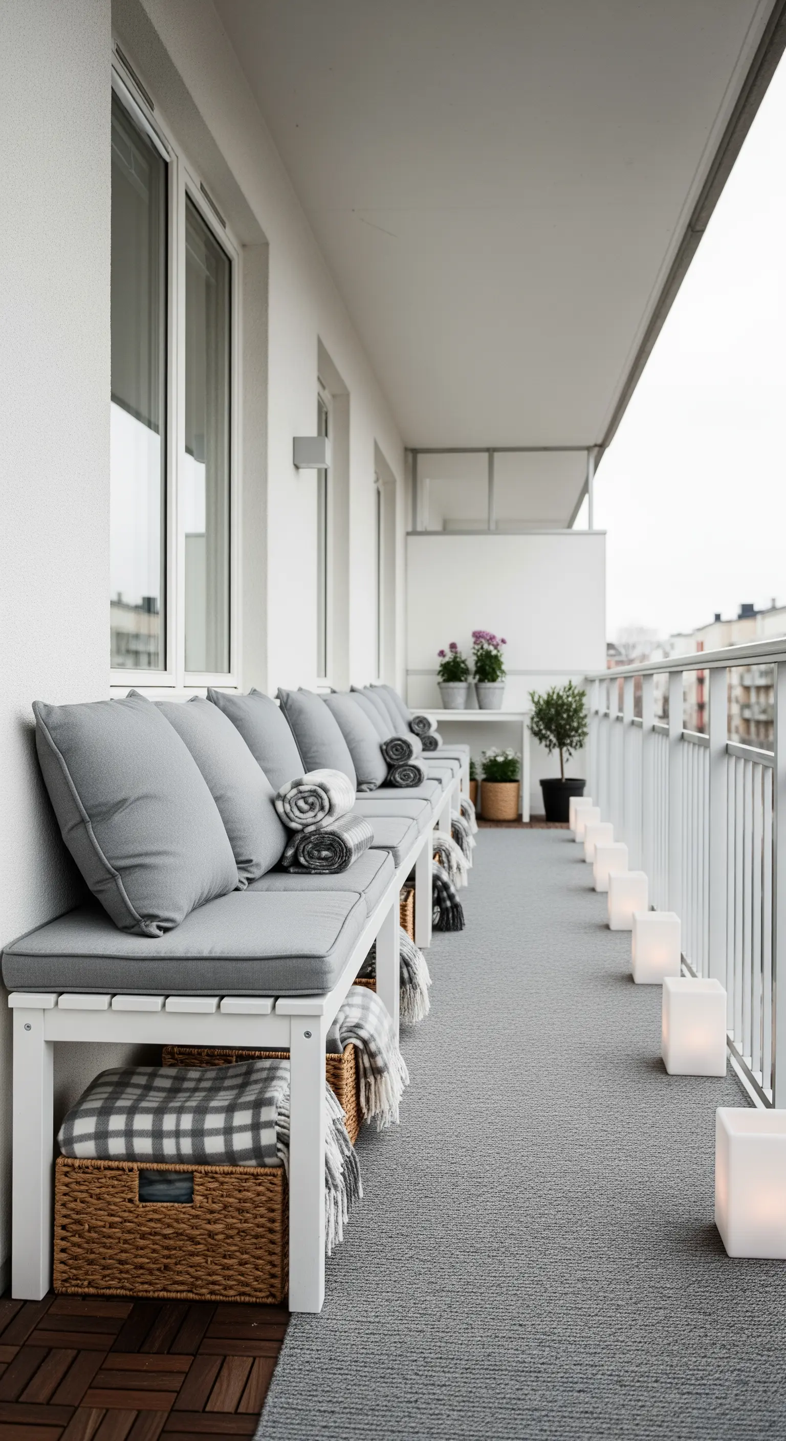 Balcone lungo e stretto con una panca bianca, cuscini grigi e ceste contenitore.