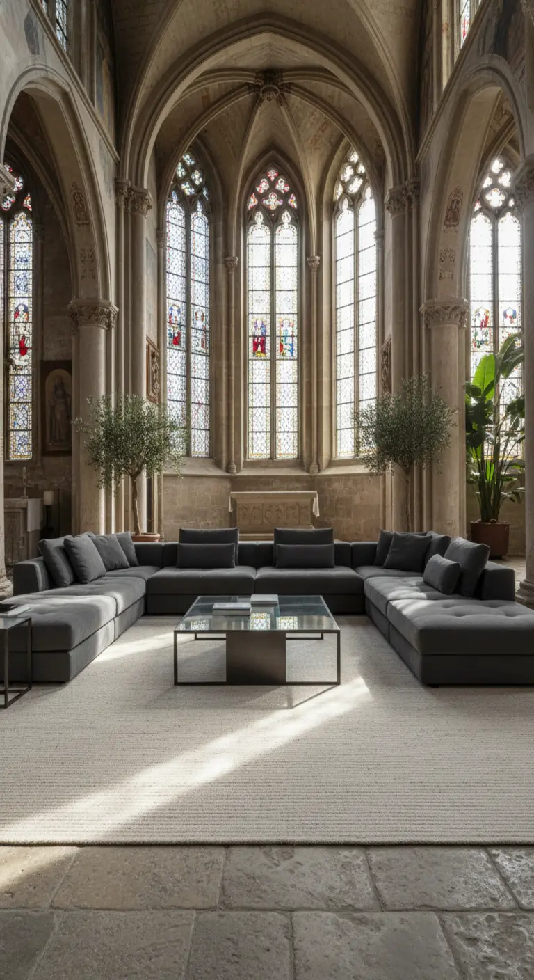 Grande divano grigio a U in uno spazio monumentale, forse una chiesa sconsacrata, con soffitti a volta.