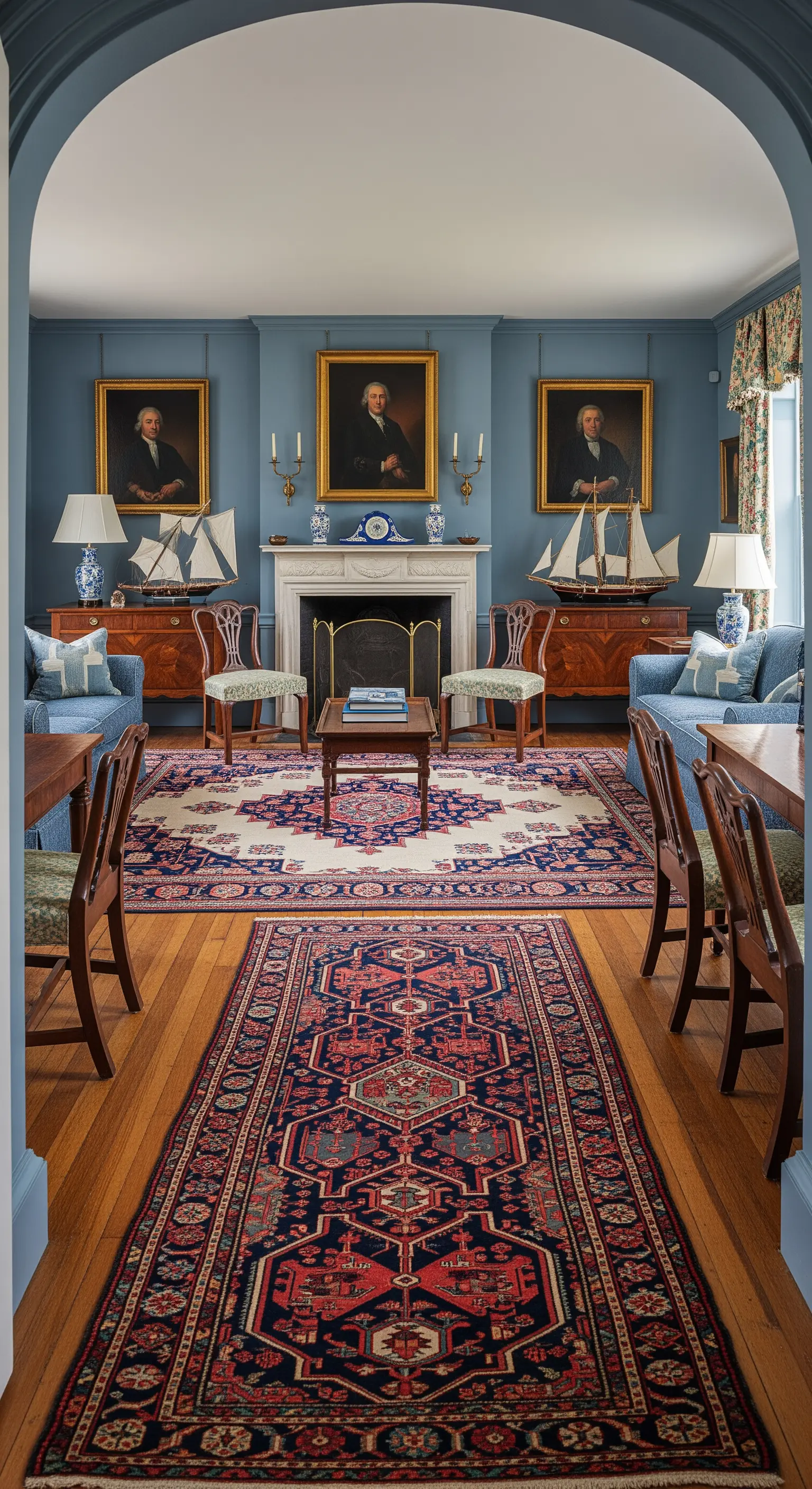 Stanza lunga e stretta con un lungo tappeto persiano e mobili disposti simmetricamente.