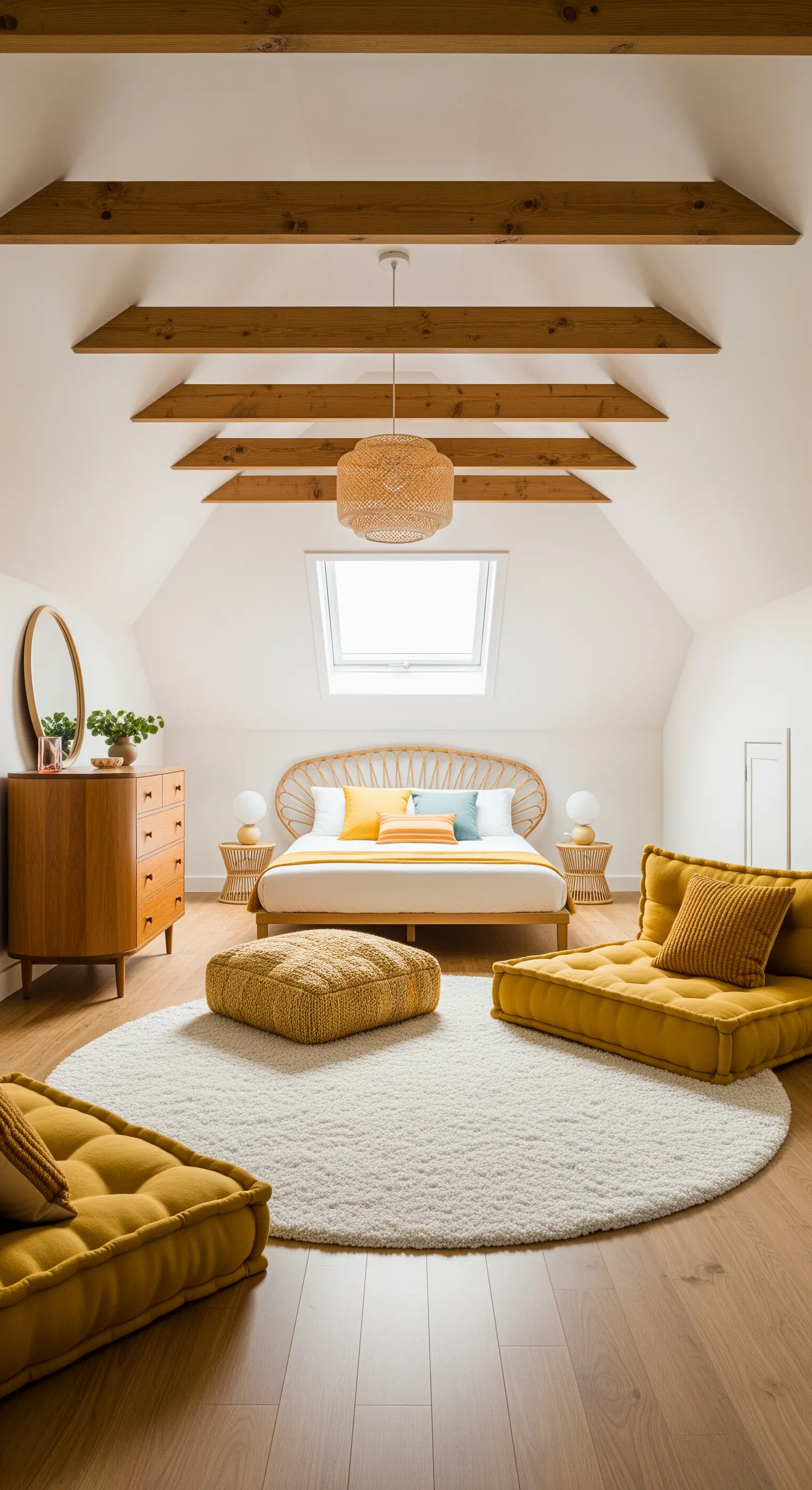Mansarda con arredi bassi, cuscini da terra gialli e un grande tappeto rotondo.