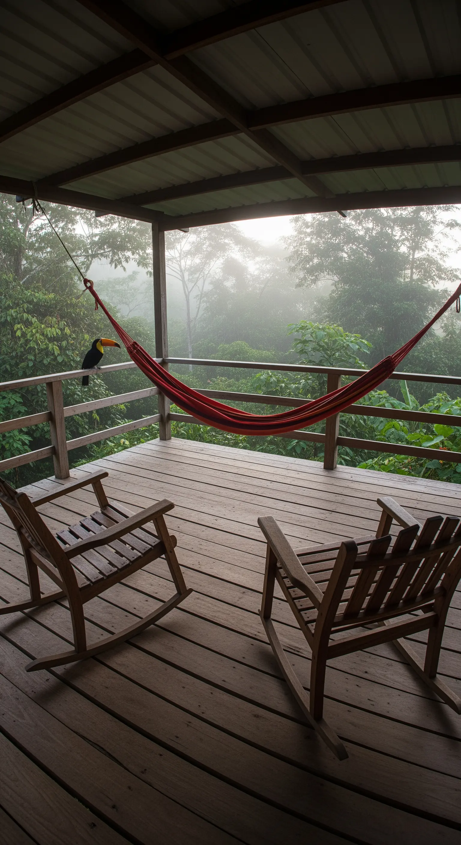 Terrazza in legno con amaca e sedie a dondolo affacciata su una foresta pluviale nebbiosa.