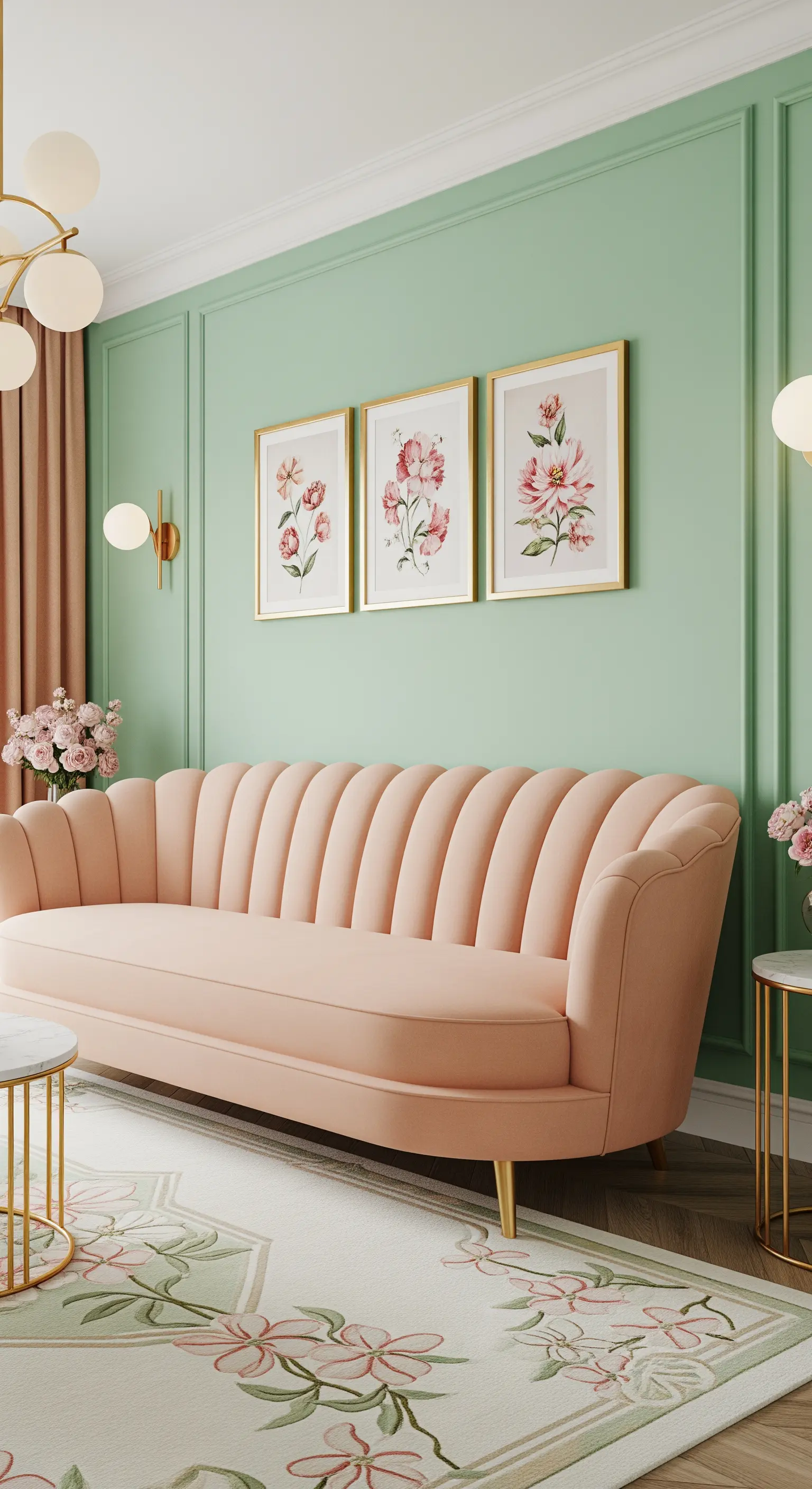 Divano rosa a conchiglia in un soggiorno verde menta con dettagli in ottone e stampe floreali.