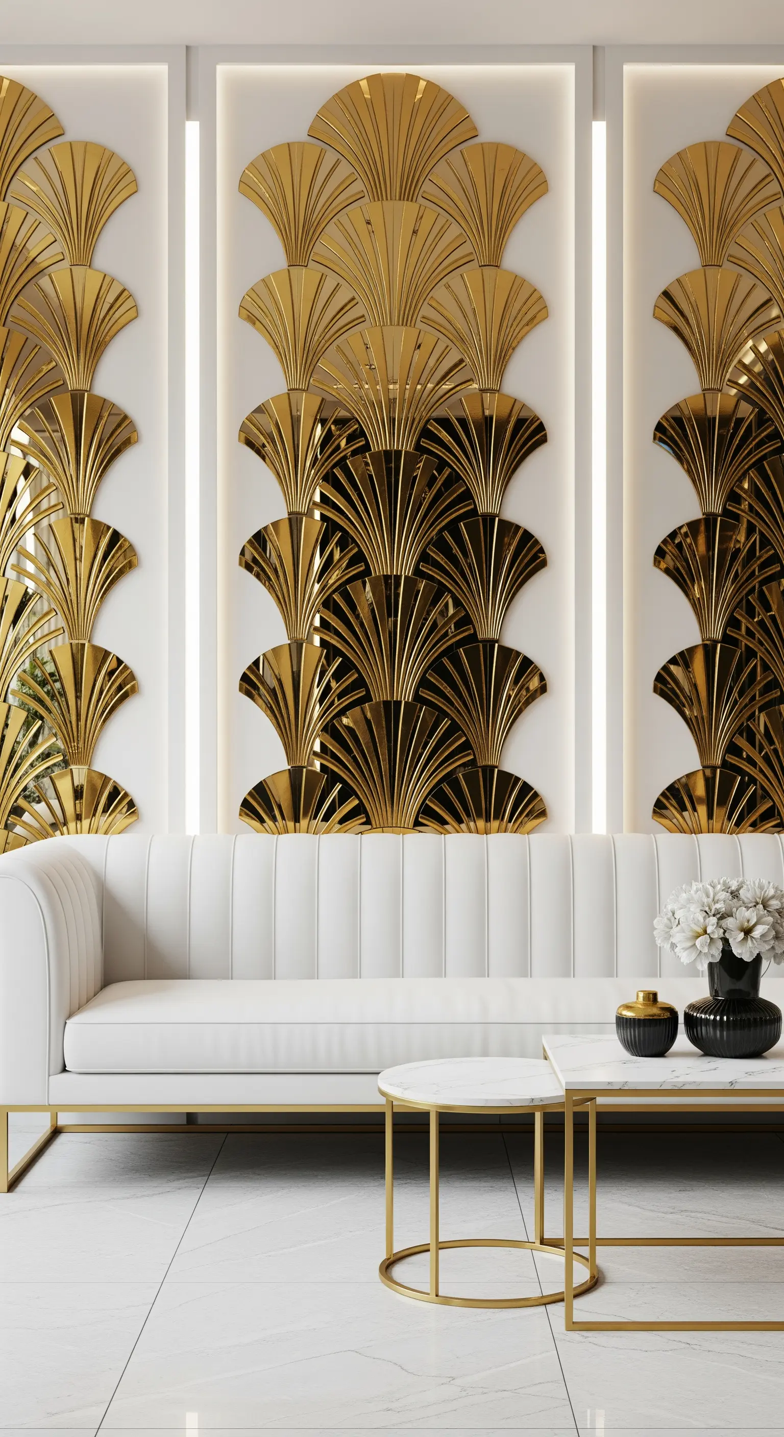 Divano bianco minimalista davanti a una parete decorata con pannelli dorati in stile Art Déco.