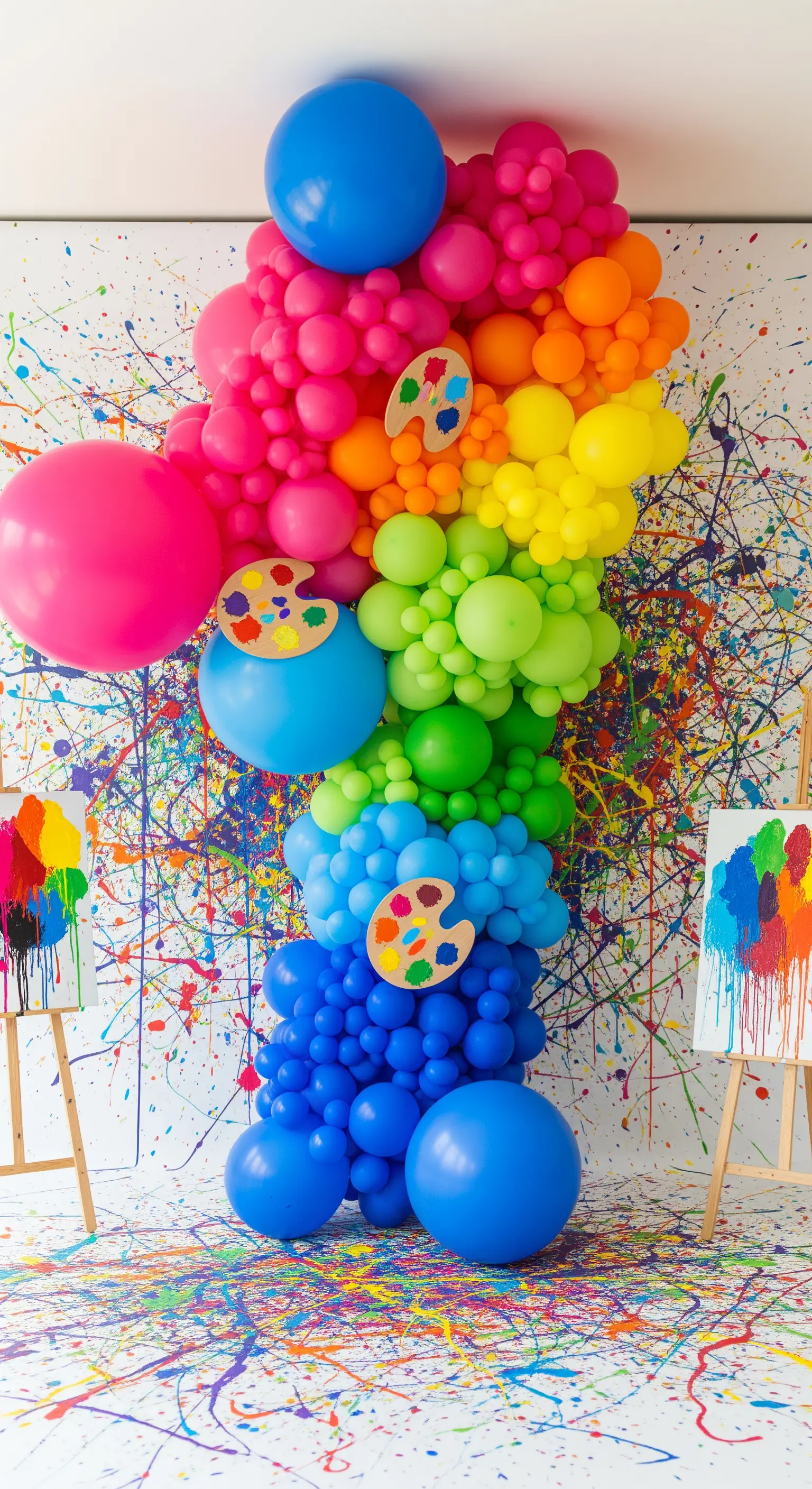 Festa a tema arte con scultura di palloncini arcobaleno e sfondo a schizzi di vernice.