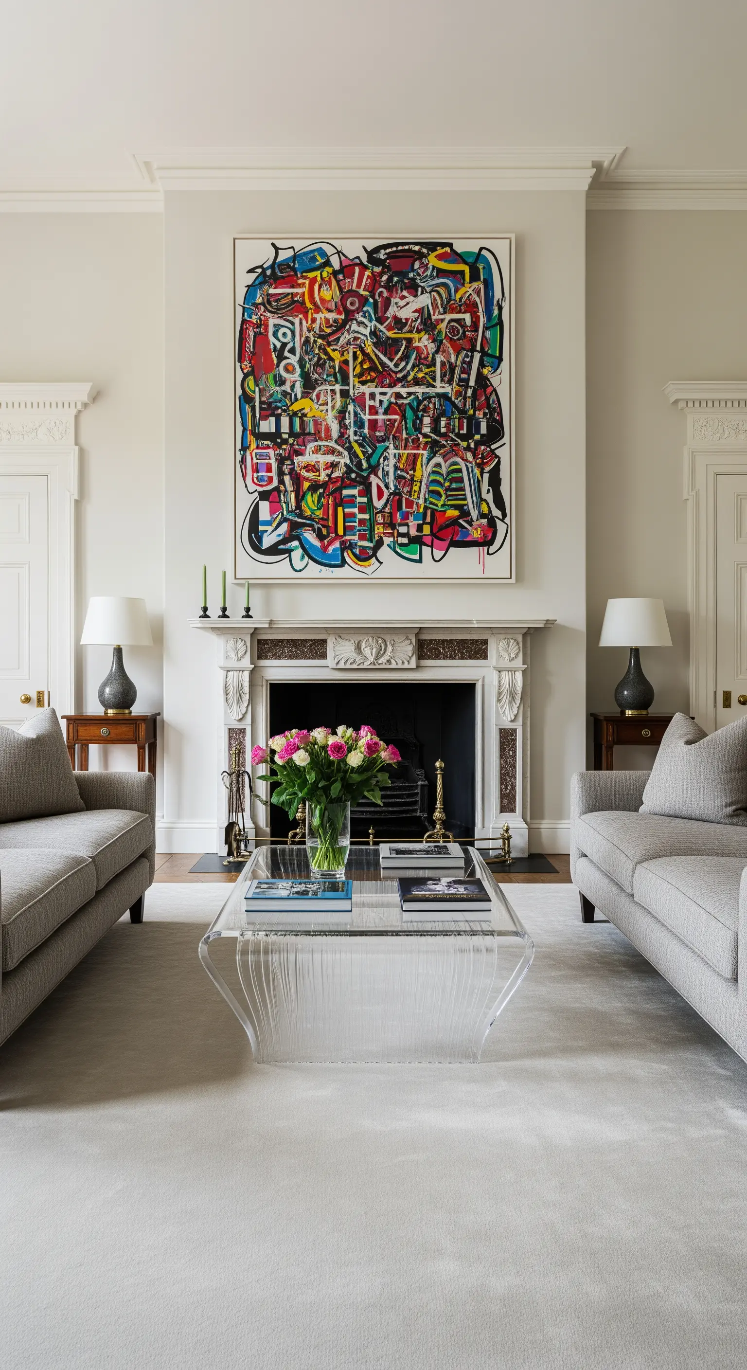 Salotto classico con camino in marmo, due divani grigi e un grande quadro astratto e colorato.