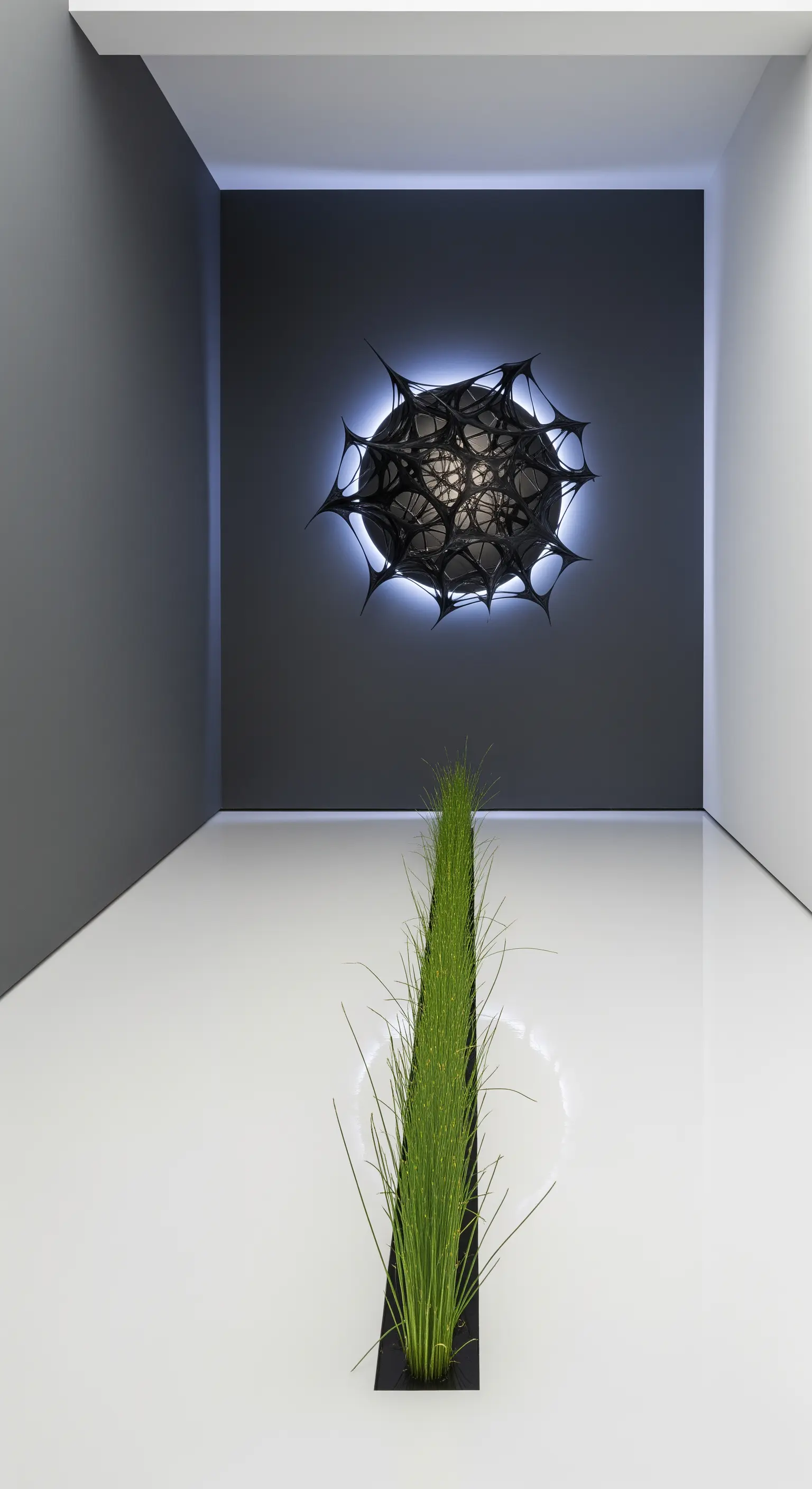 Scultura nera retroilluminata su una parete grigia di fronte a una striscia d'erba su pavimento bianco.