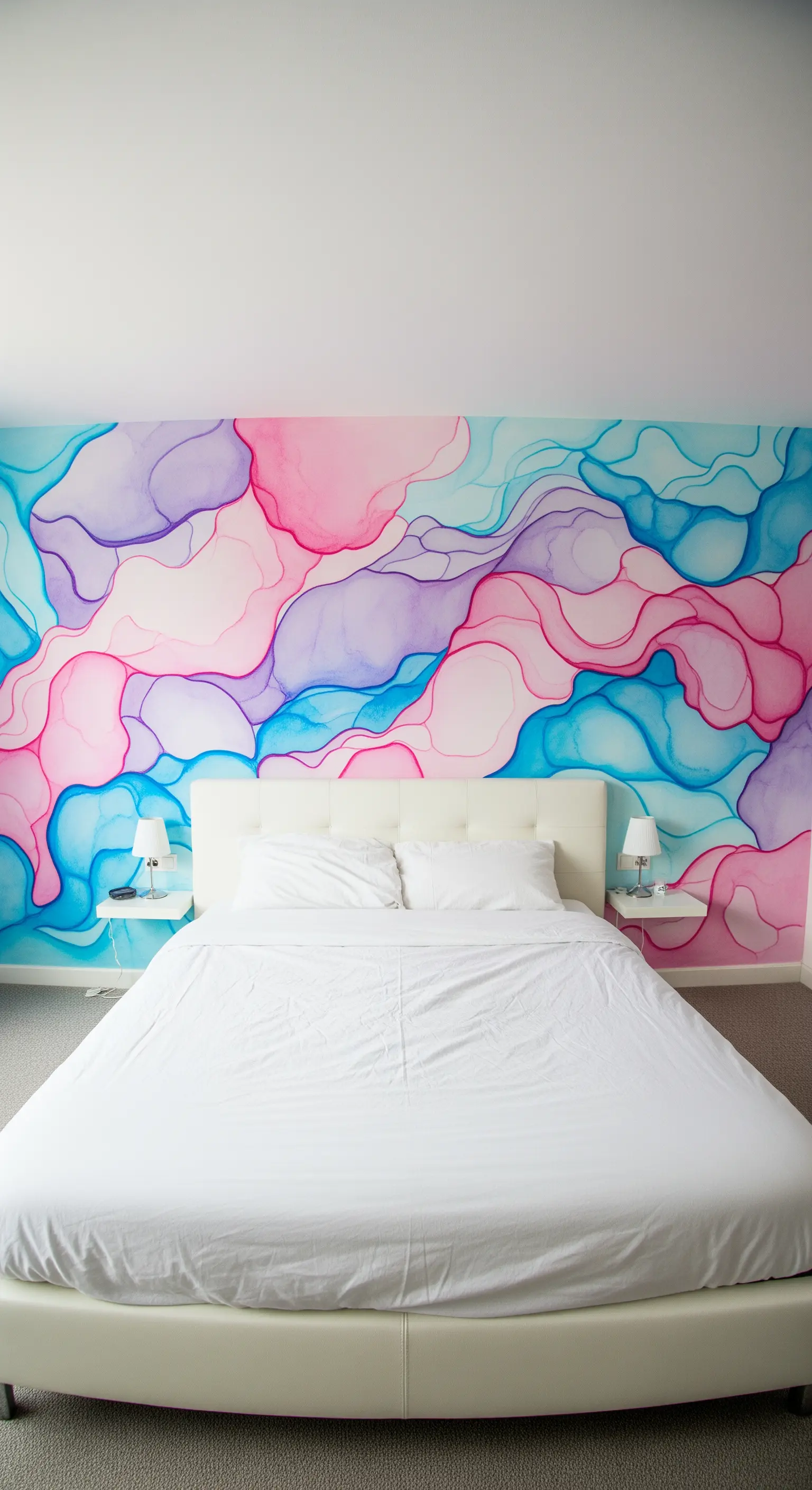 Camera da letto minimalista con grande murale astratto ad acquerello dietro al letto.