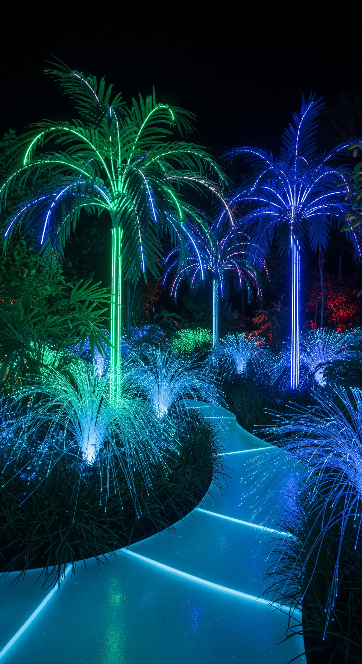Palme e piante illuminate con tubi al neon flessibili di colore verde e blu.
