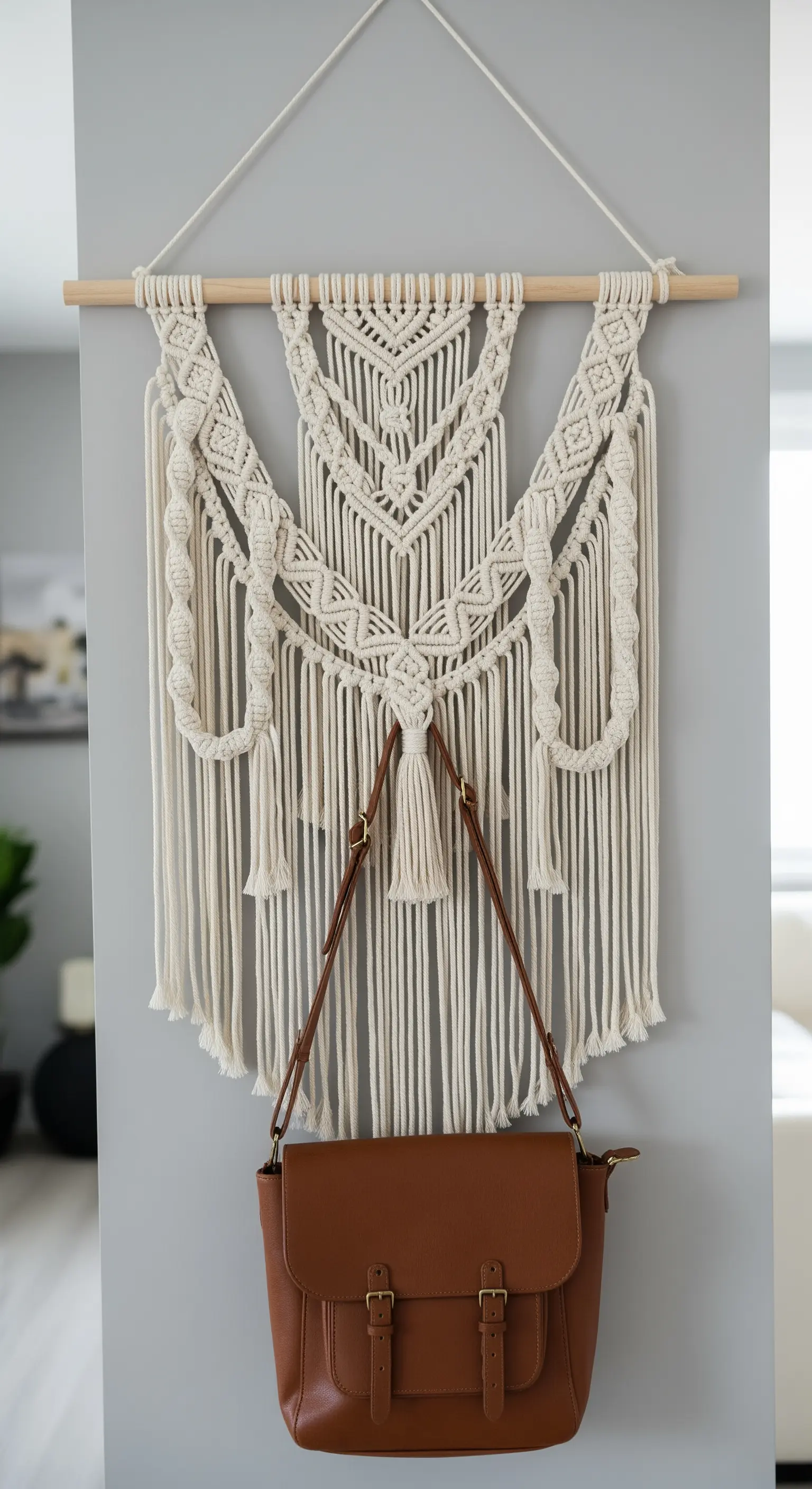Grande arazzo in macramè color crema a cui è appesa una borsa di pelle marrone.
